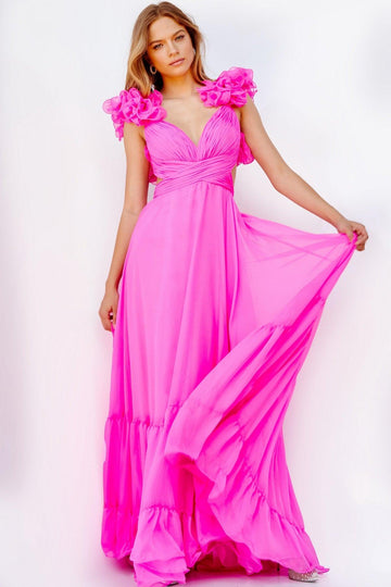Unique Pink Chiffon Long Prom Dresses, Pleated Pink Formal Dresses