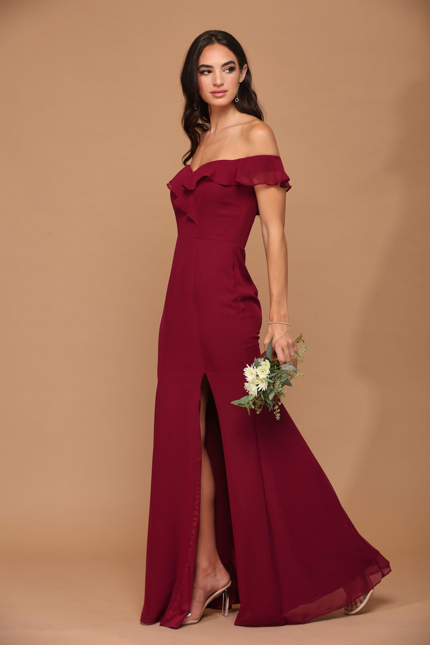 Long Off Shoulder Formal Bridesmaids Chiffon Dress