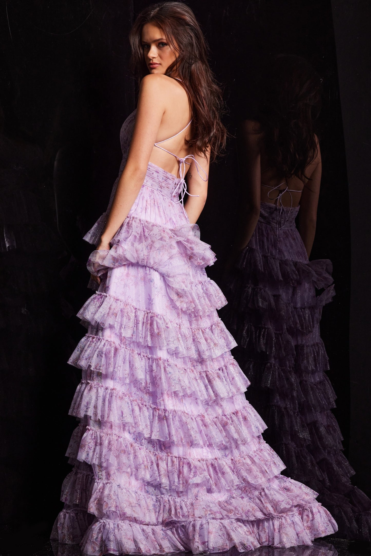 Prom Dresses Long Spaghetti Strap Floral Print Ruffle Prom Dress Lilac