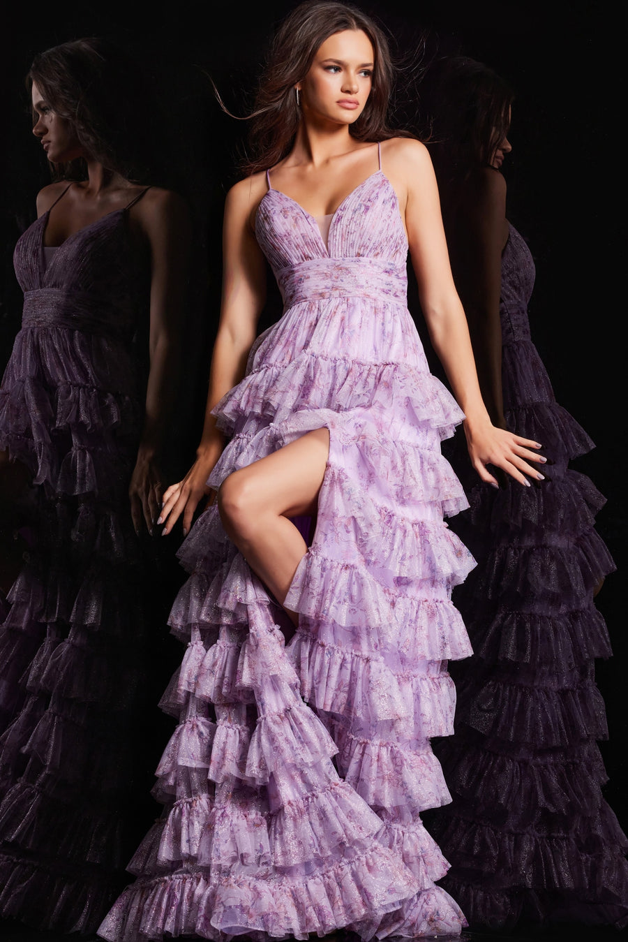 Prom Dresses Long Spaghetti Strap Floral Print Ruffle Prom Dress Lilac