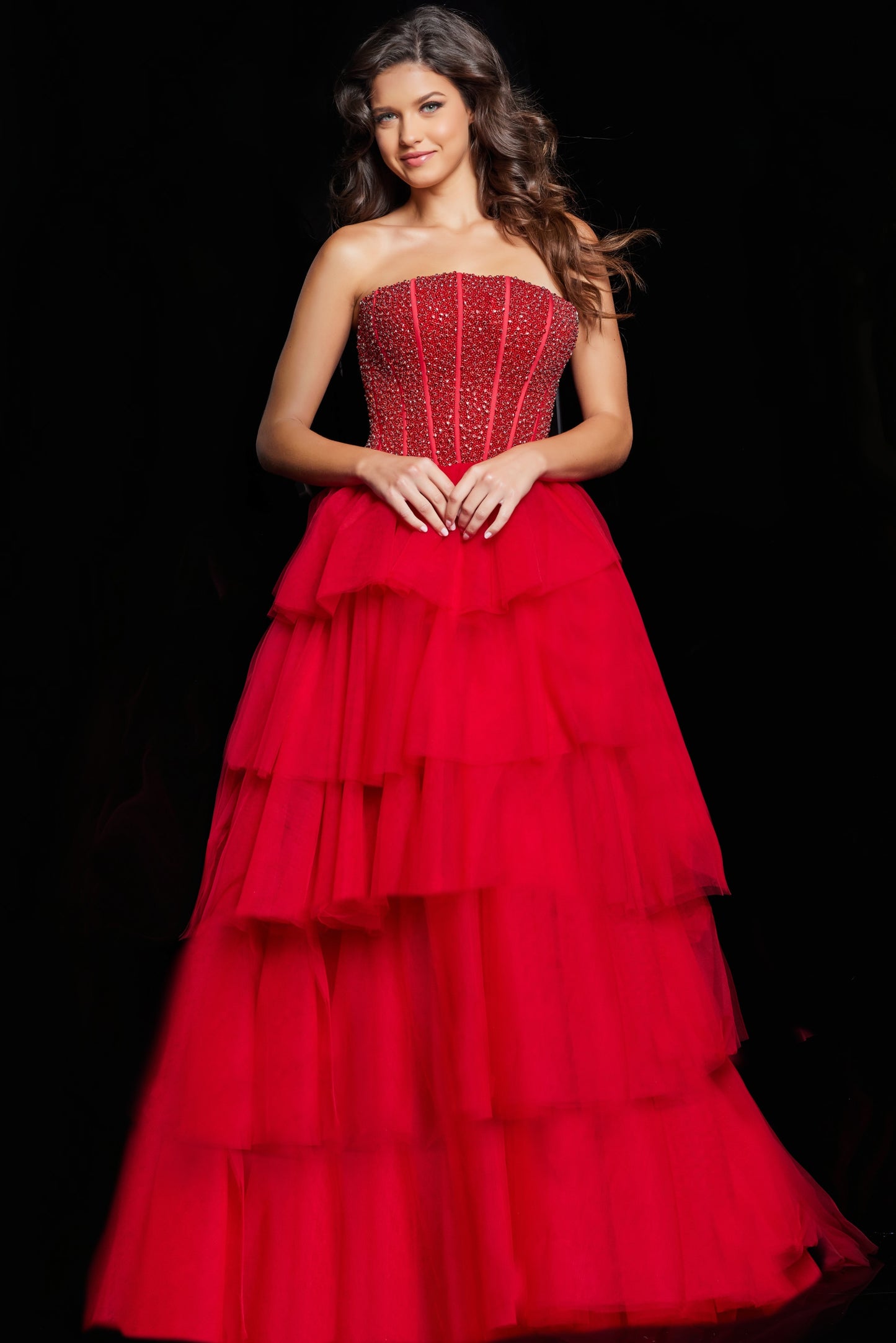 Prom Dresses Strapless Beaded Corset Prom Gown Red