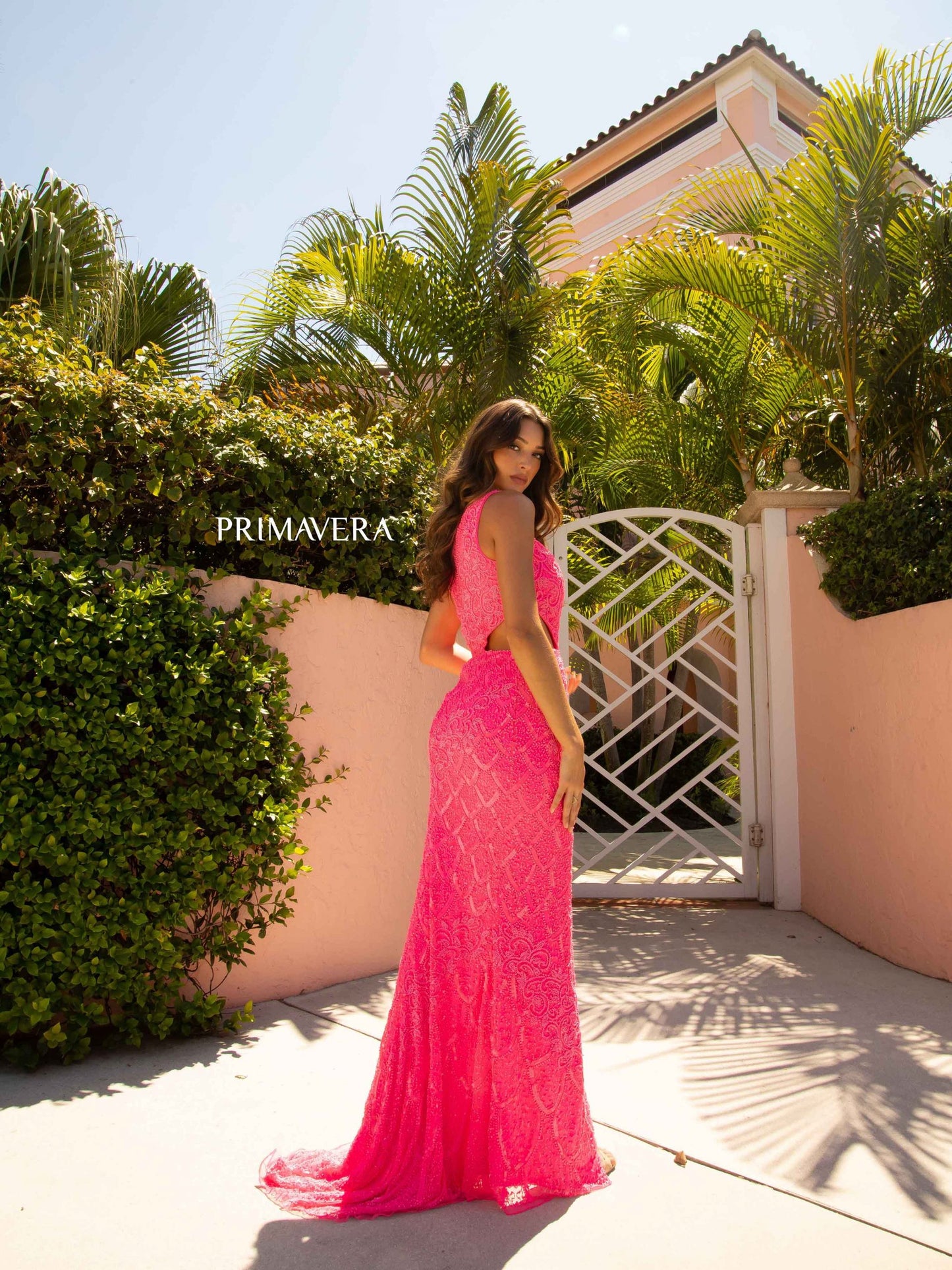 Prom Dresses Long Sequin Beaded Fishscale Pattern Prom Formal Dress Neon Pink