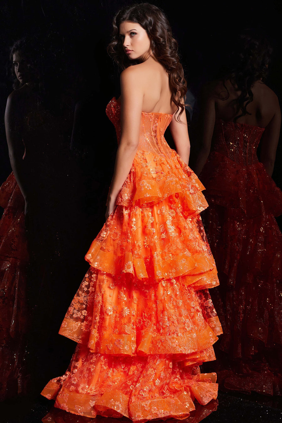 Prom Dresses Long Strapless Formal Layered Skirt Prom Dress Orange