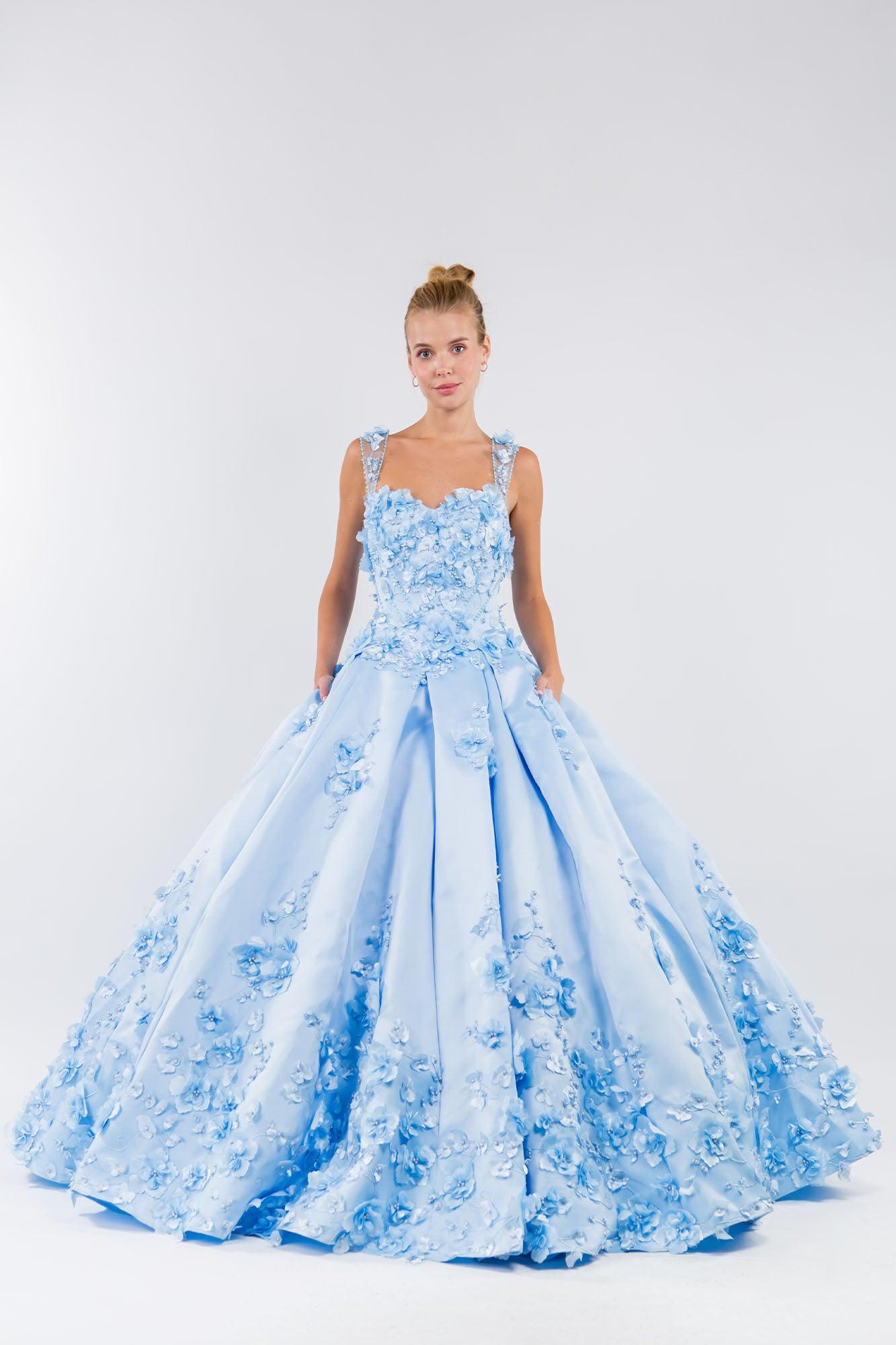 3D Floral Long Sleeveless Quinceanera Dress - The Dress Outlet