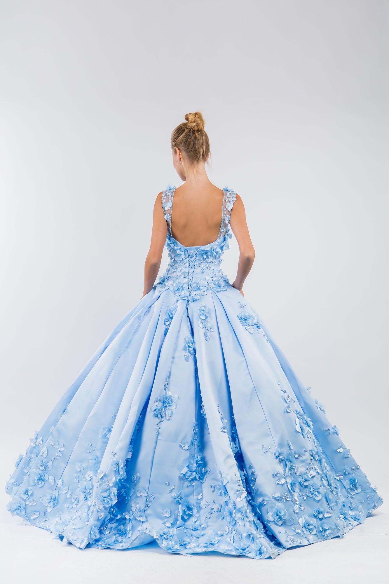 3D Floral Long Sleeveless Quinceanera Dress - The Dress Outlet