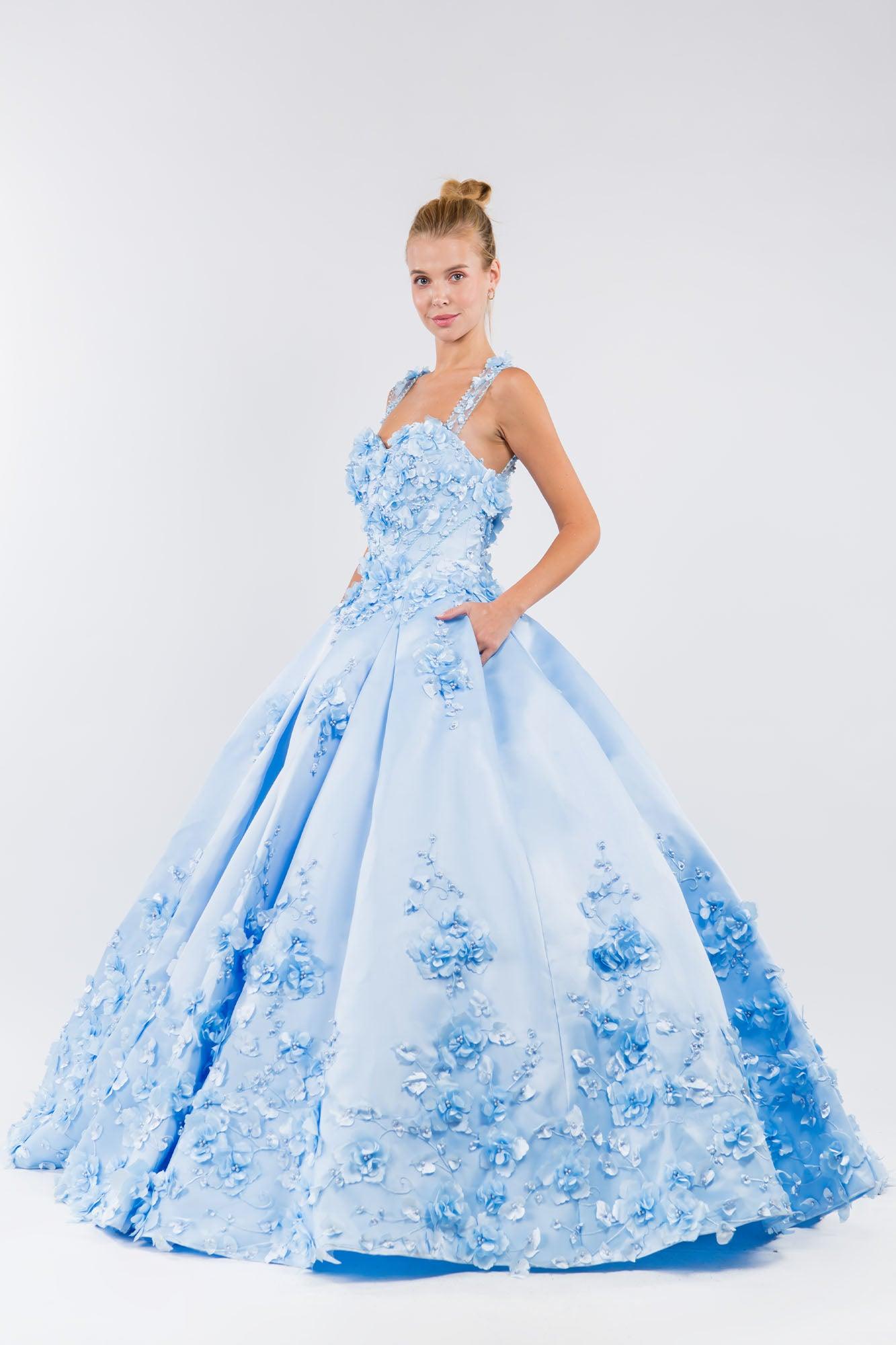 3D Floral Long Sleeveless Quinceanera Dress - The Dress Outlet