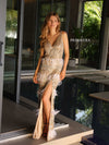 Prom Dresses Prom Sequin Feathers Formal Long Dress Nude Gold