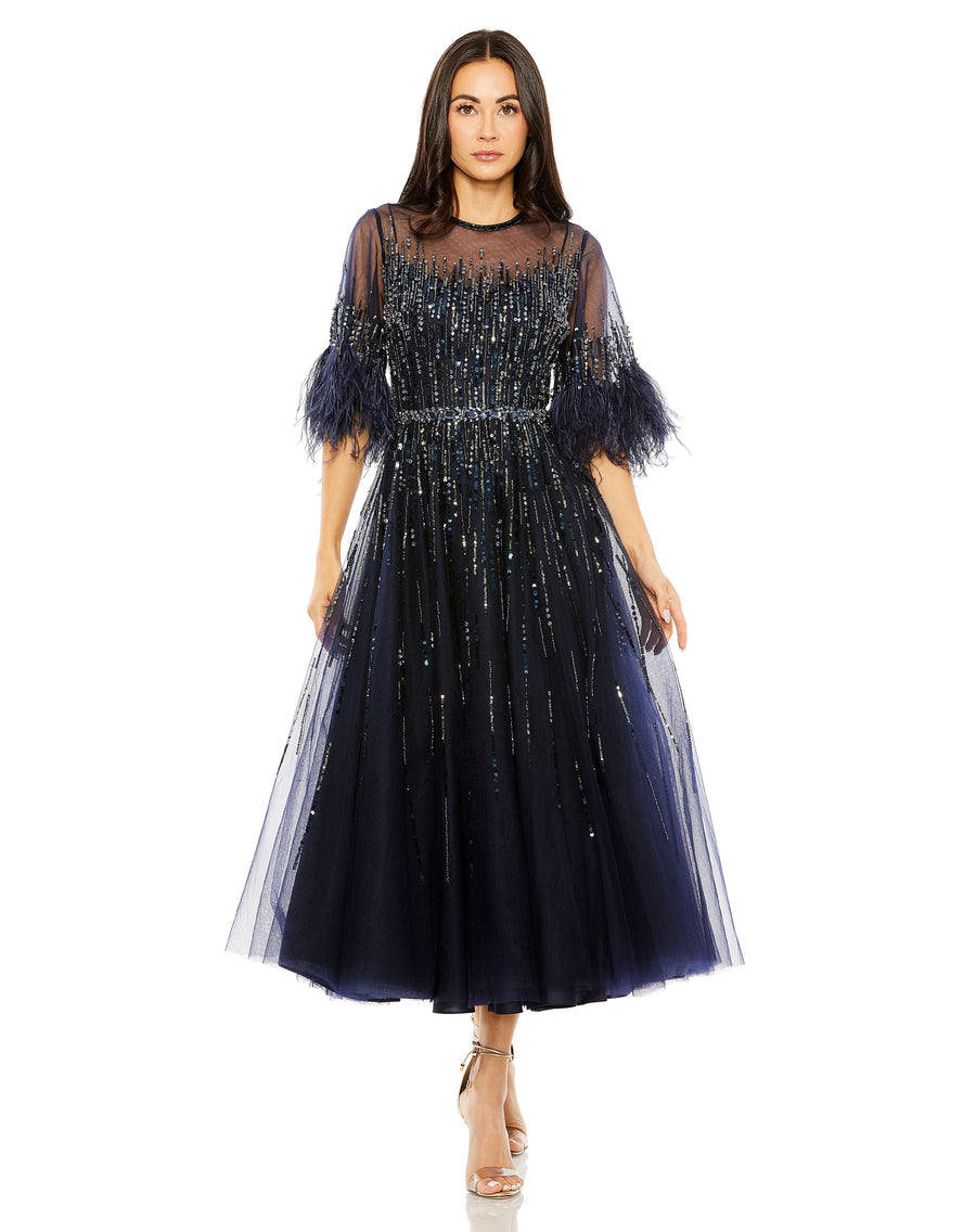 Cocktail Dresses Formal Beaded Cocktail Feather Midi Dress Navy