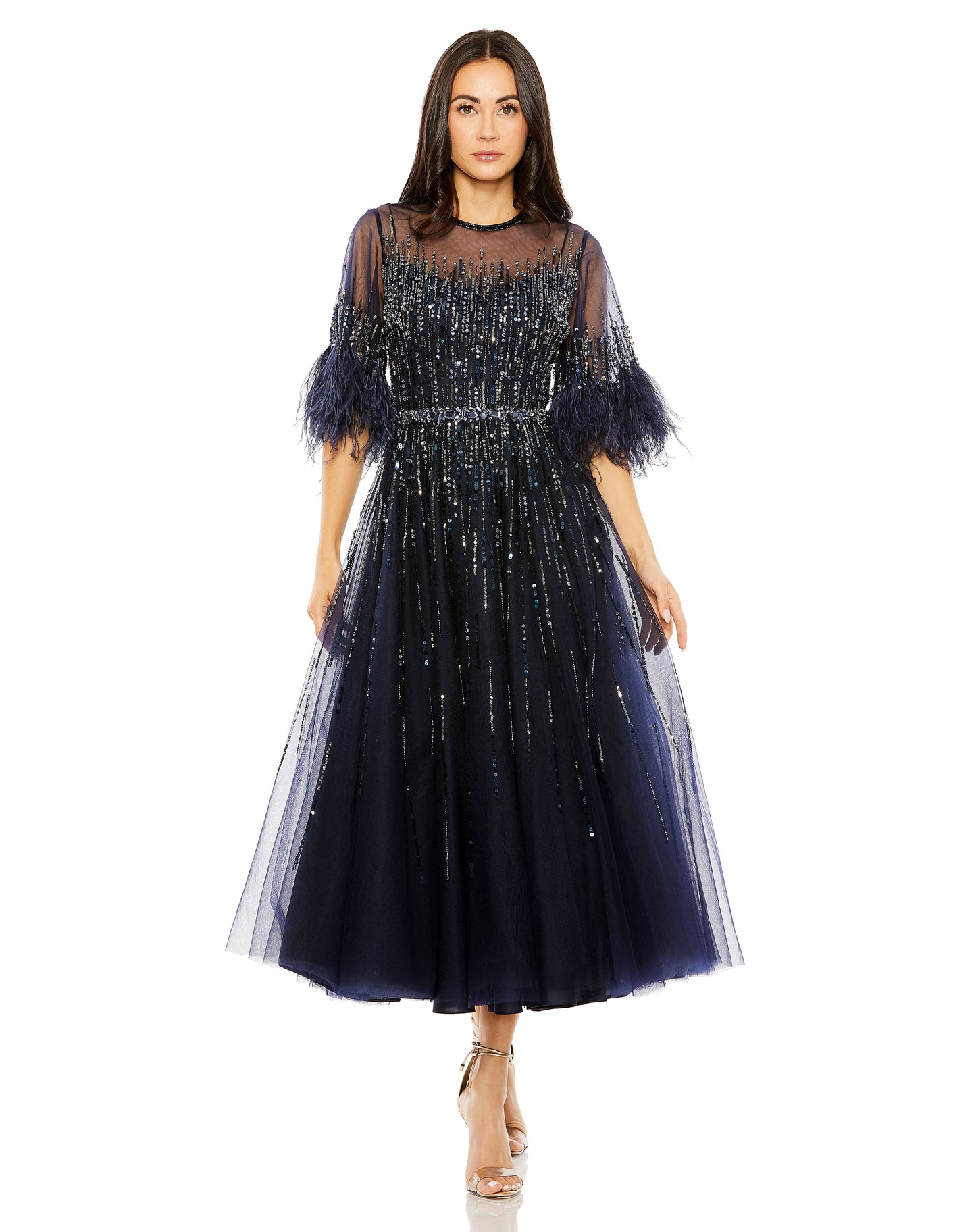 Cocktail Dresses Formal Beaded Cocktail Feather Midi Dress Navy