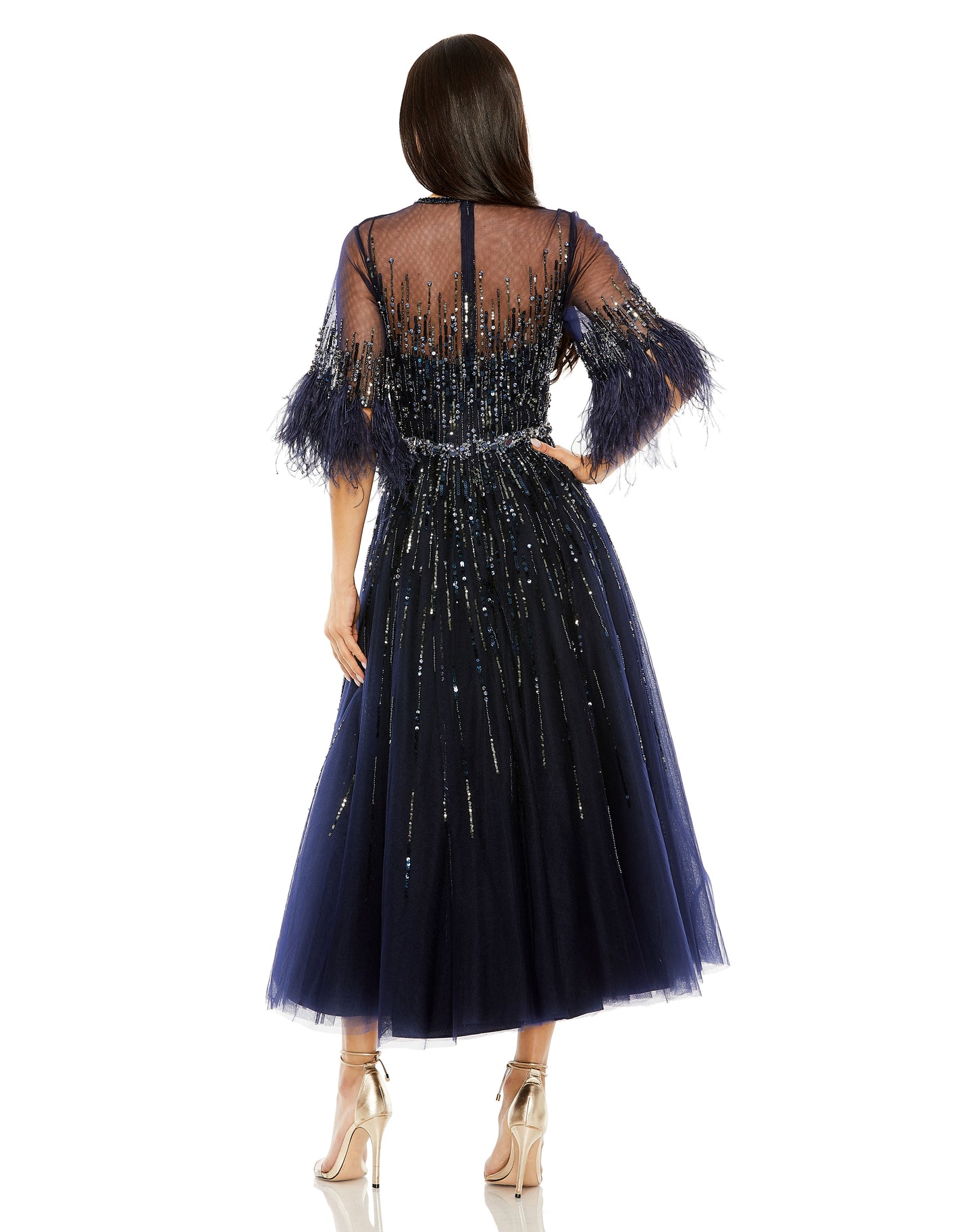 Cocktail Dresses Formal Beaded Cocktail Feather Midi Dress Navy