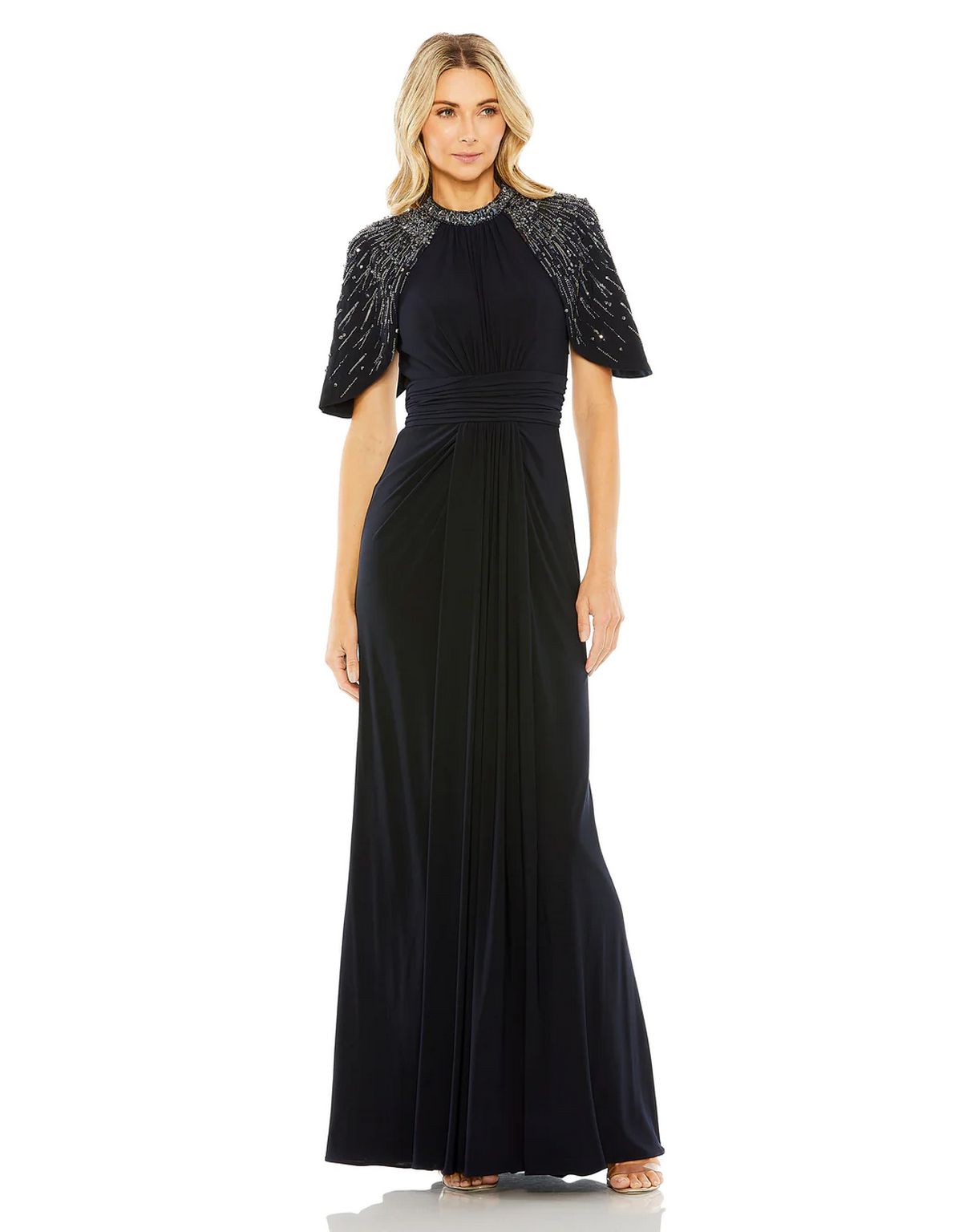 Formal Dresses Long Formal Fitted Cape Sleeve Dress Navy