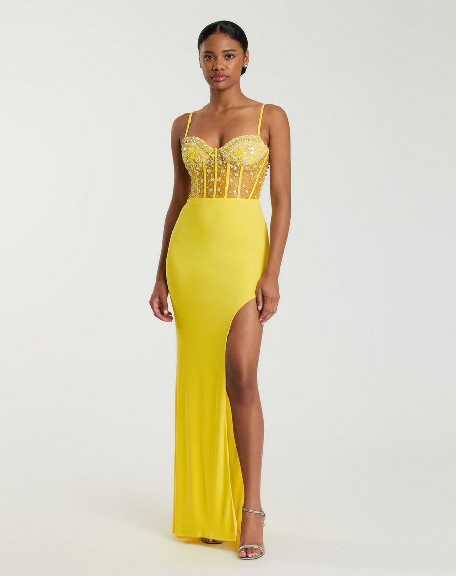 Prom Dresses Beaded Long Fitted Slit Prom Dress Lemon