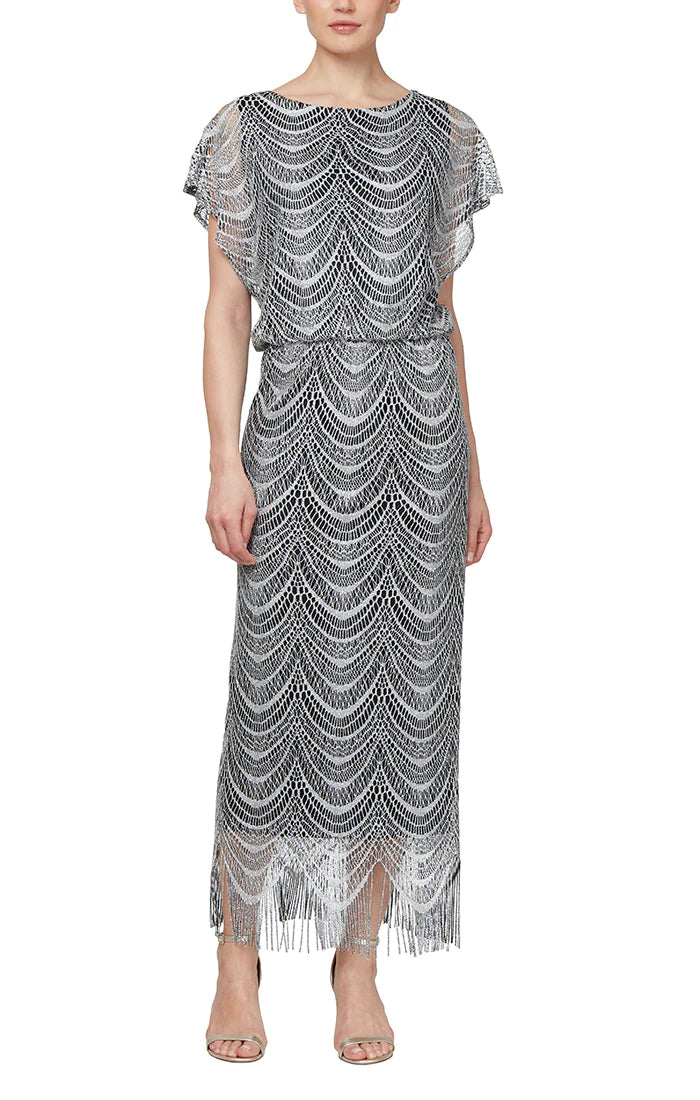 Mother of the Bride Dresses Metallic Crochet Blouson Dress Silver