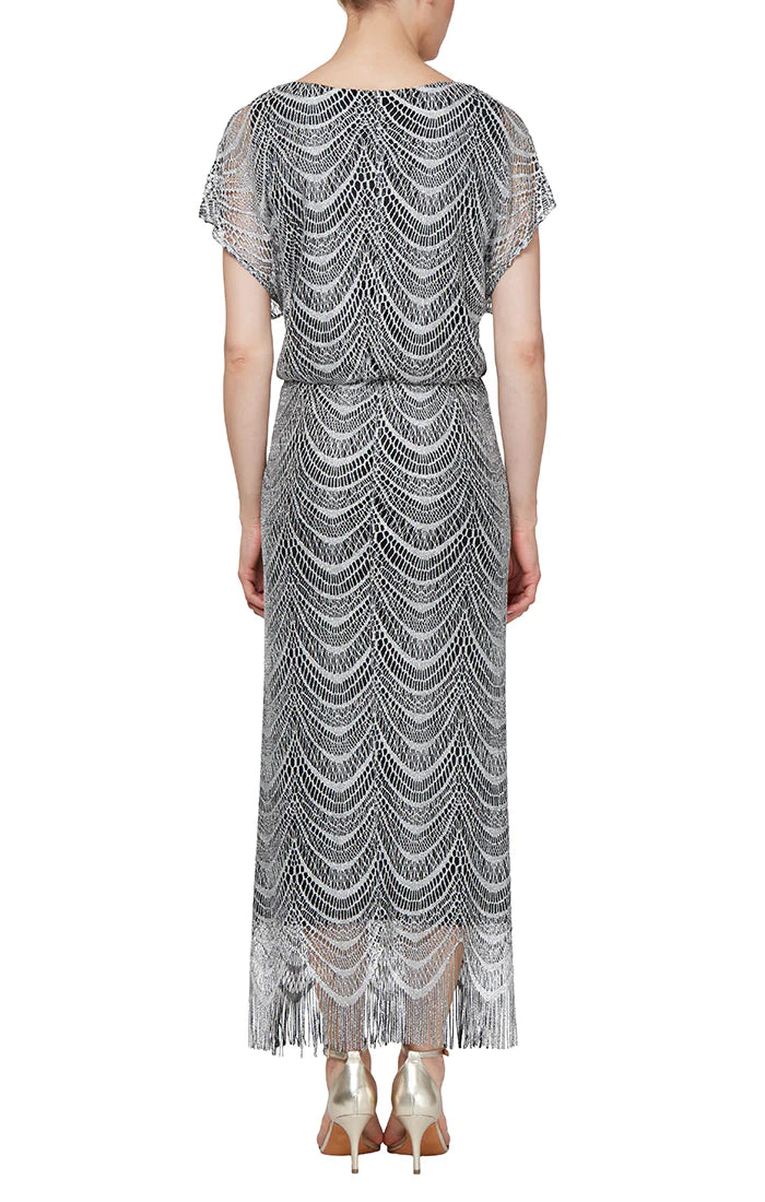 Mother of the Bride Dresses Metallic Crochet Blouson Dress Silver