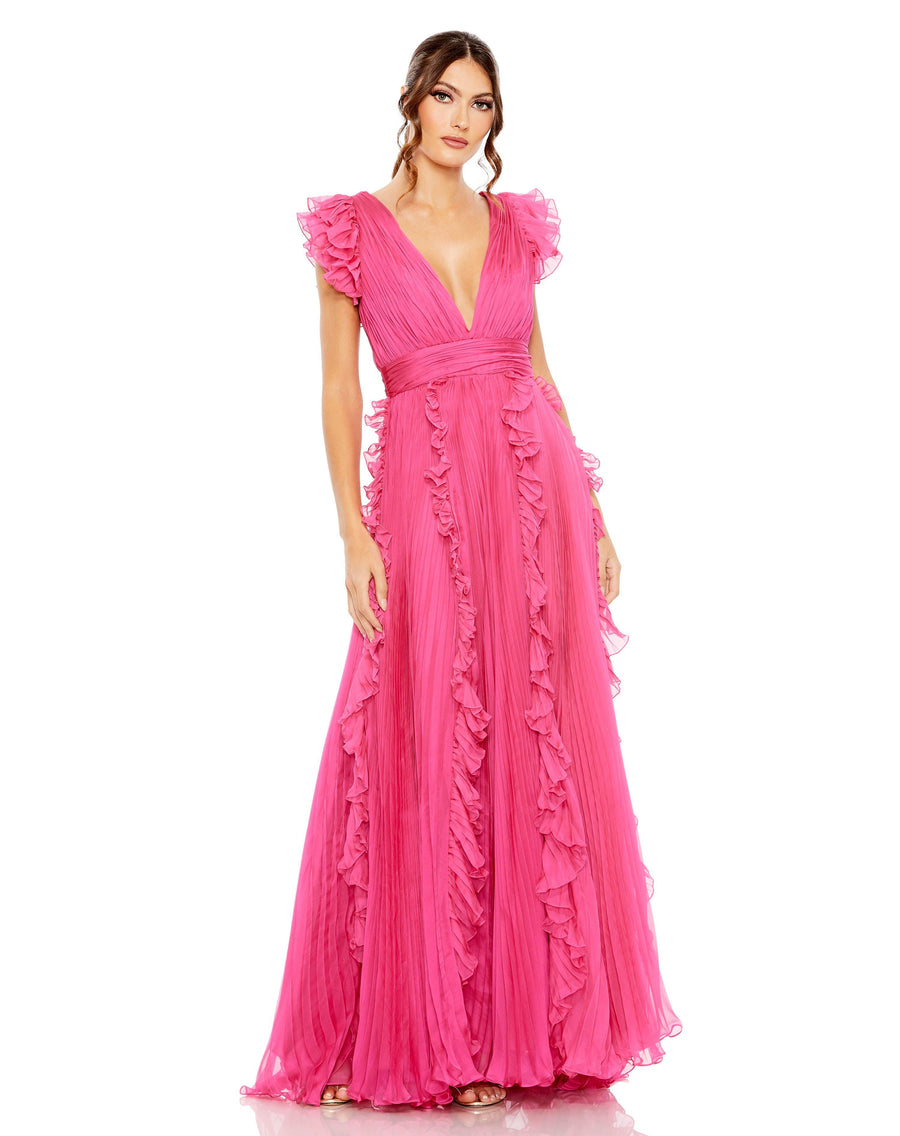 Formal Dresses Long Rufle Cap Sleeve Formal Dress Fuchsia