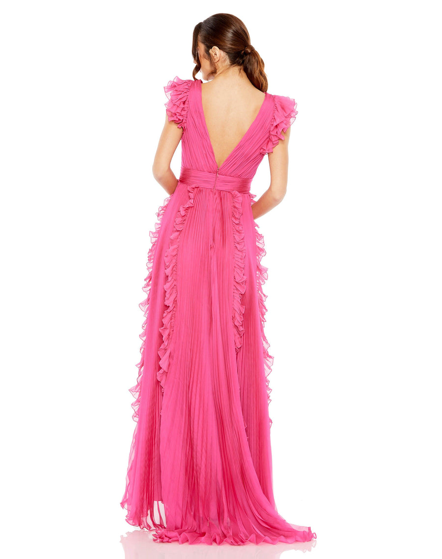 Formal Dresses Long Rufle Cap Sleeve Formal Dress Fuchsia