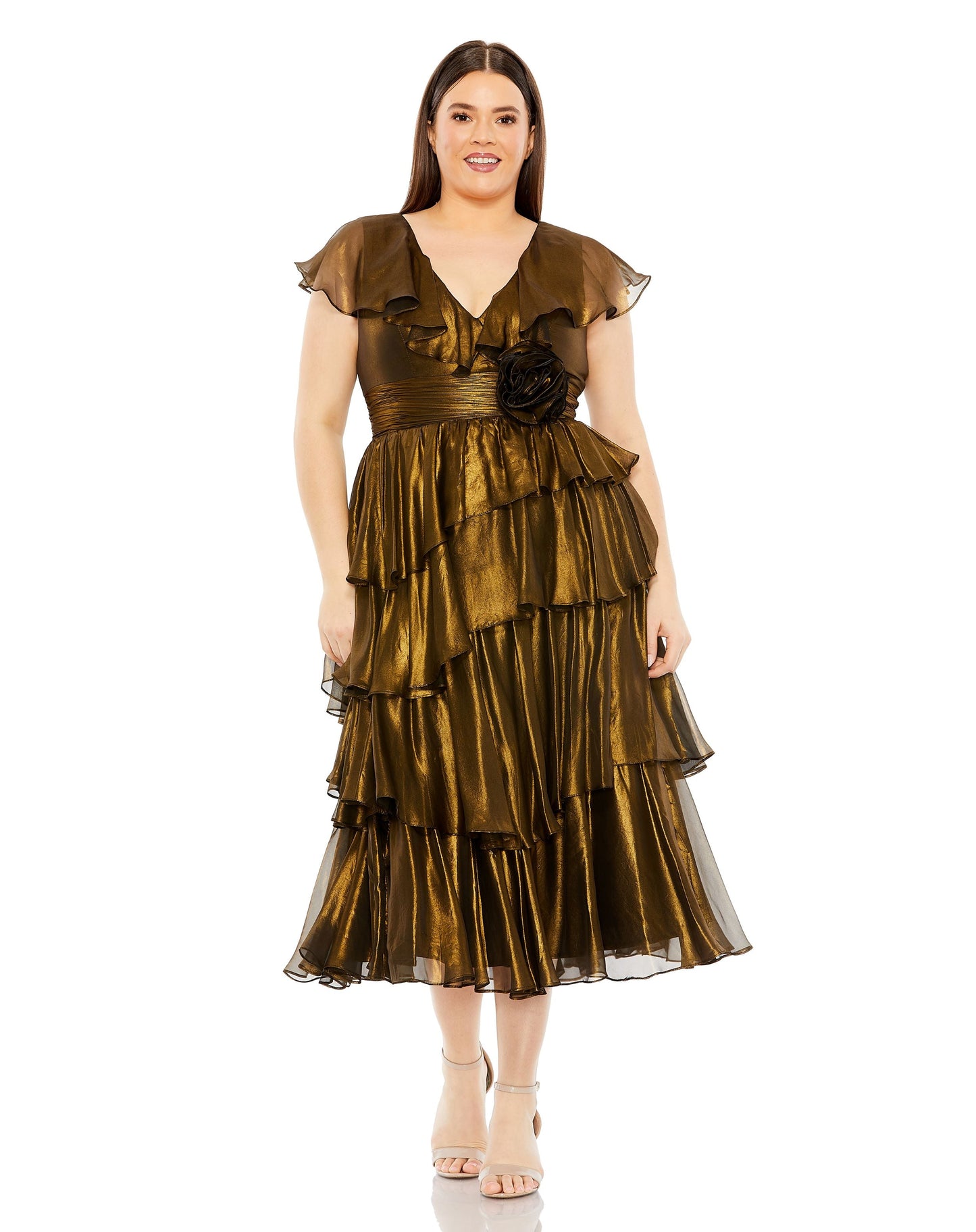 Plus Size Dresses Plus Size V Neck Ruffle Tiered Rose Detail Midi Dress Black Gold