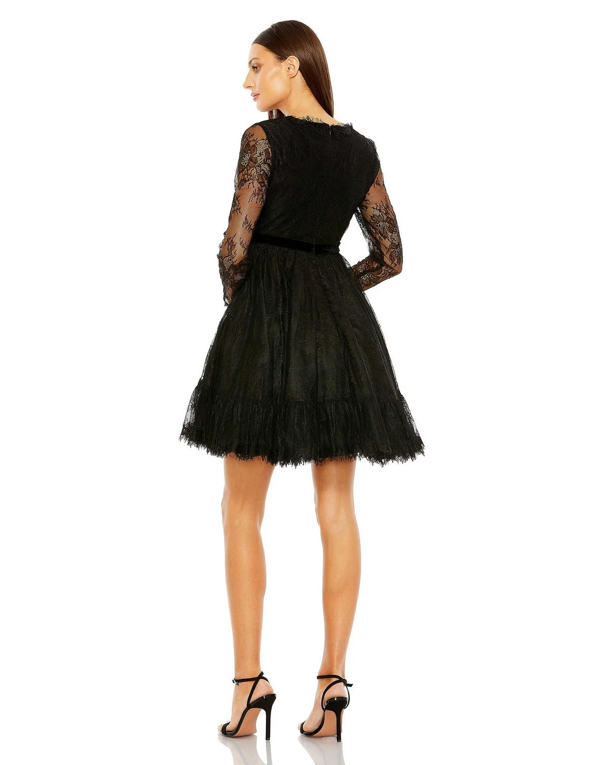 Cocktail Dresses Long Sleeve Deep V Lace Babydoll Short Dress Black