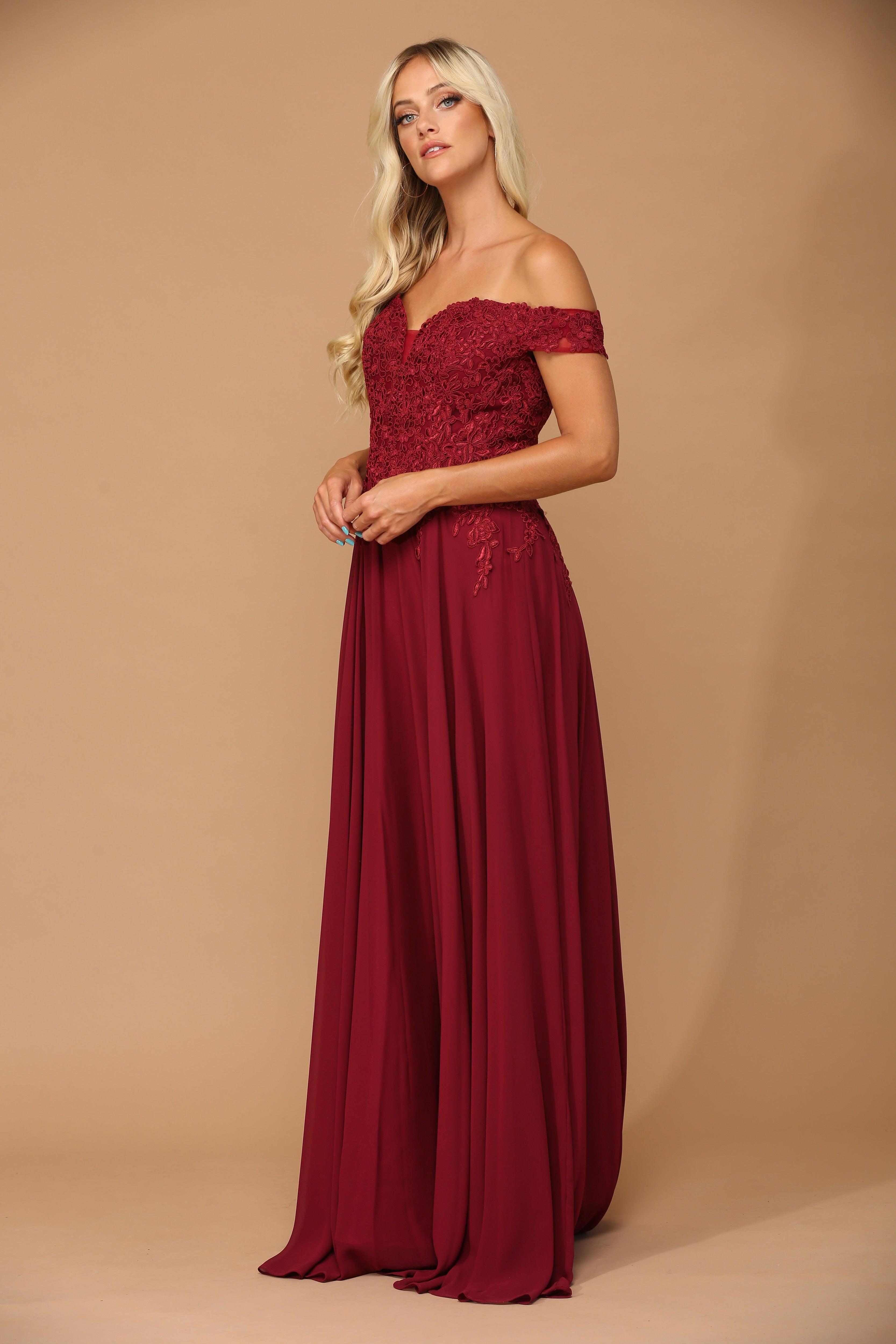 Burgundy Long Off Shoulder Formal Chiffon Evening Dress for 179.99 The Dress Outlet