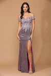 Long Off Shoulder Formal Metallic Prom Dress