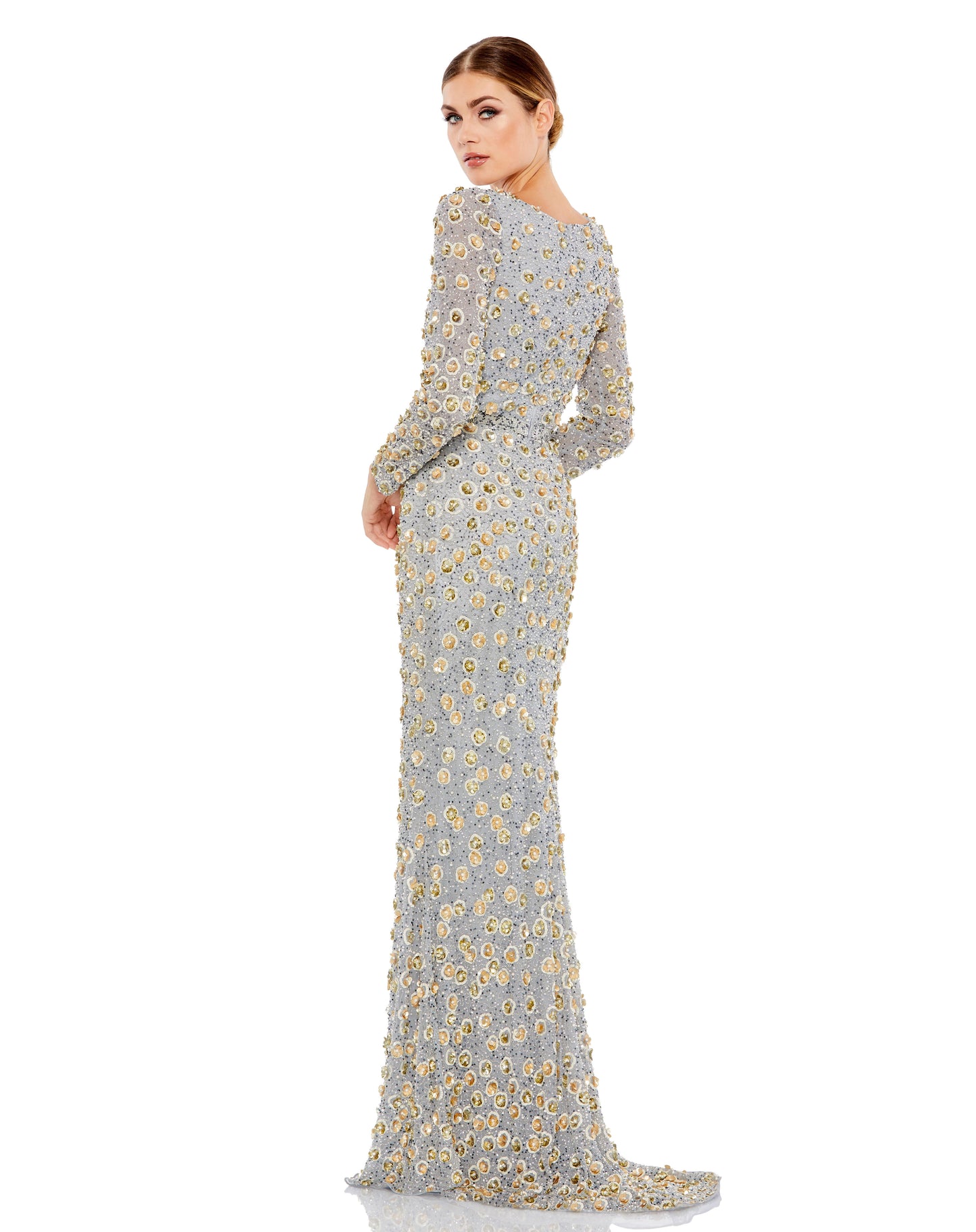 Formal Dresses Long Sleeve Formal Floral Beaded Evening Dress Platinum Gold