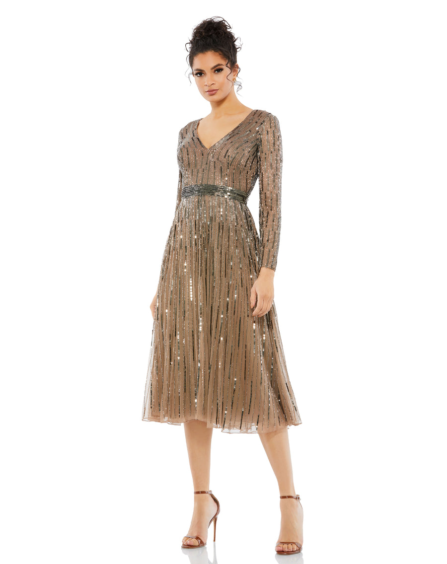 Cocktail Dresses Long Sleeve Sequin Cocktail Tea Length Dress Dark Taupe