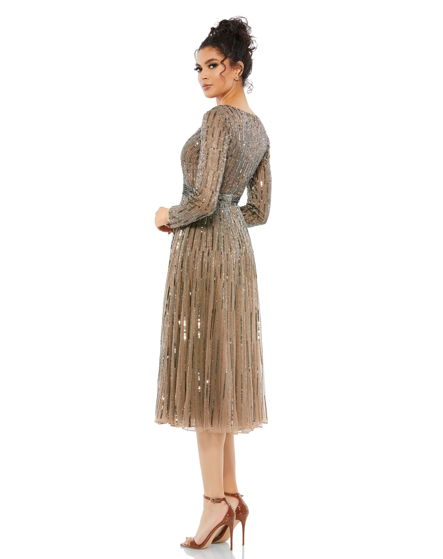 Cocktail Dresses Long Sleeve Sequin Cocktail Tea Length Dress Dark Taupe