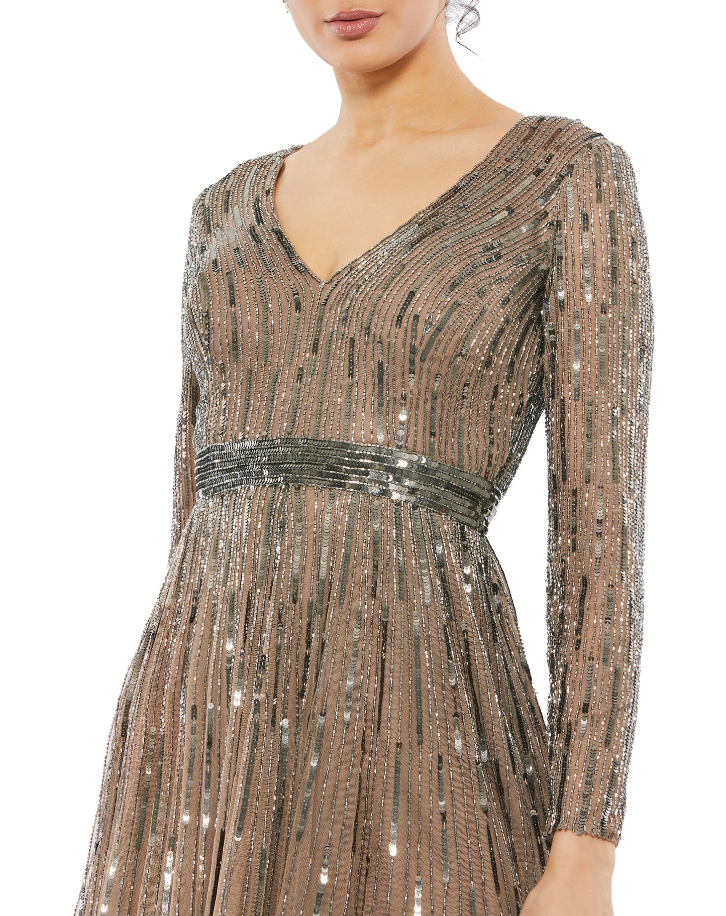 Cocktail Dresses Long Sleeve Sequin Cocktail Tea Length Dress Dark Taupe