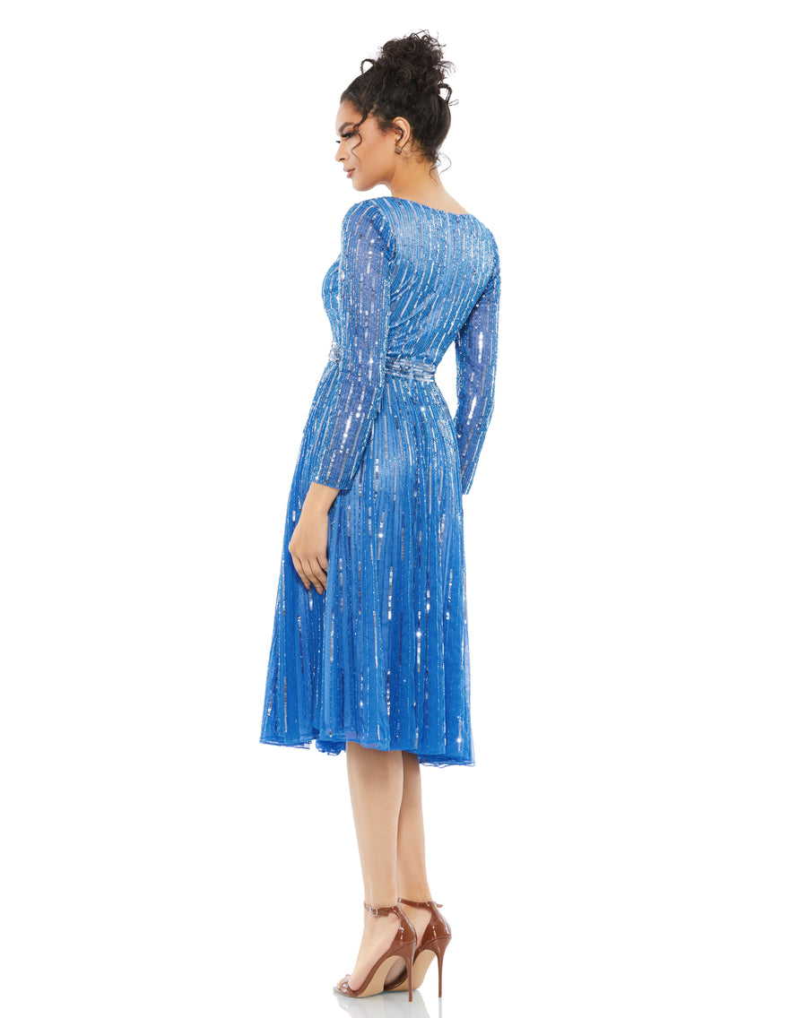 Cocktail Dresses Long Sleeve Sequin Cocktail Tea Length Dress Denim