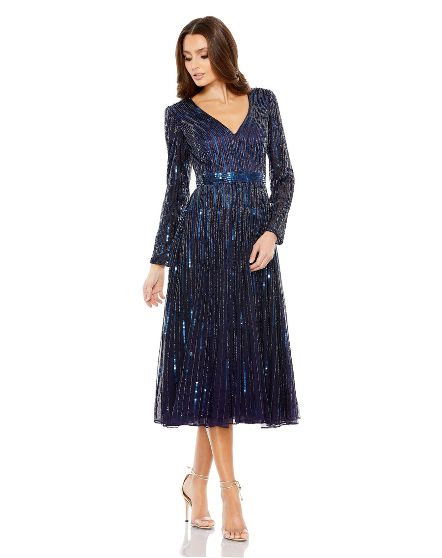 Cocktail Dresses Long Sleeve Sequin Cocktail Tea Length Dress Midnight