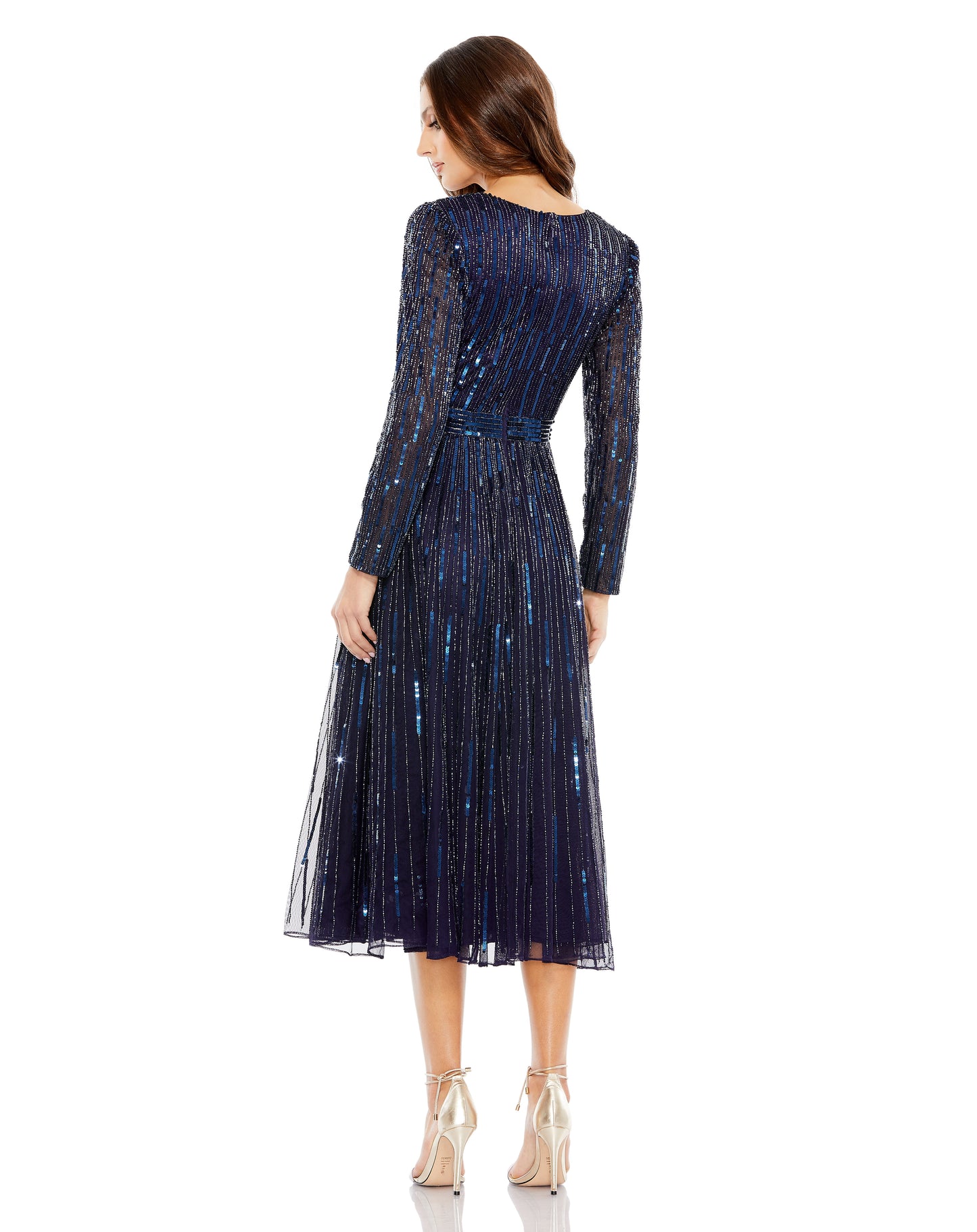 Cocktail Dresses Long Sleeve Sequin Cocktail Tea Length Dress Midnight