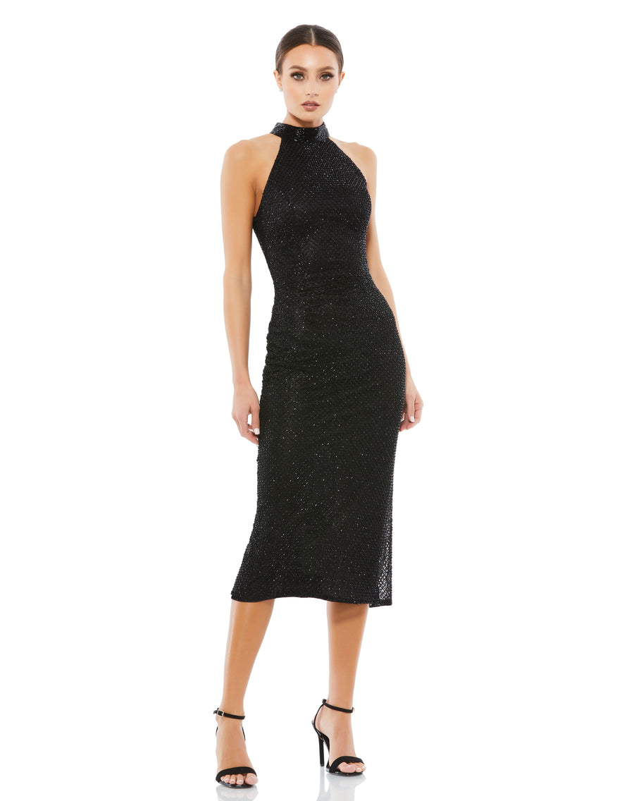 Cocktail Dresses Beaded Cocktail Midi Length Dress Black