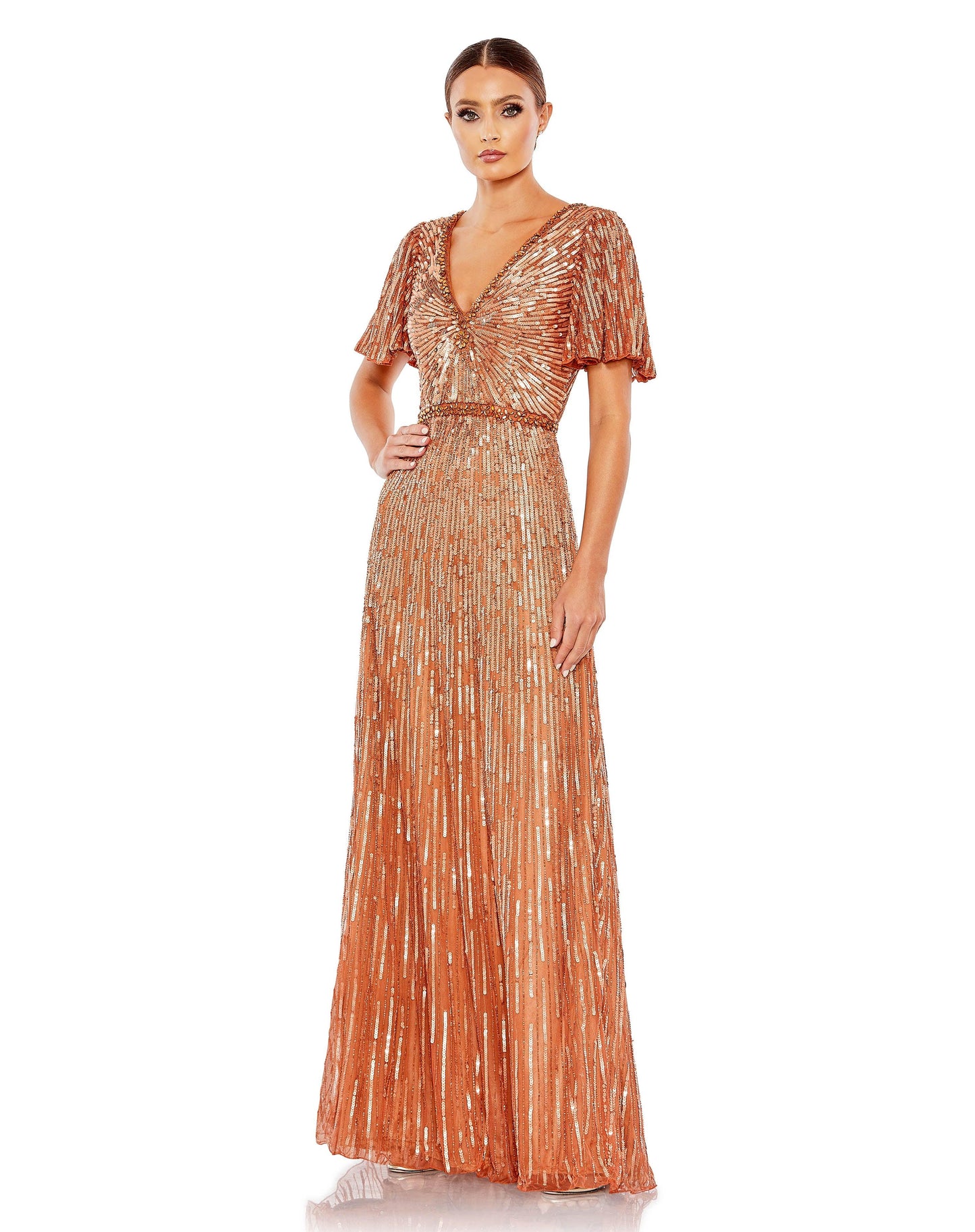 Formal Dresses Beaded Short Sleeve Formal Long Gown Copper