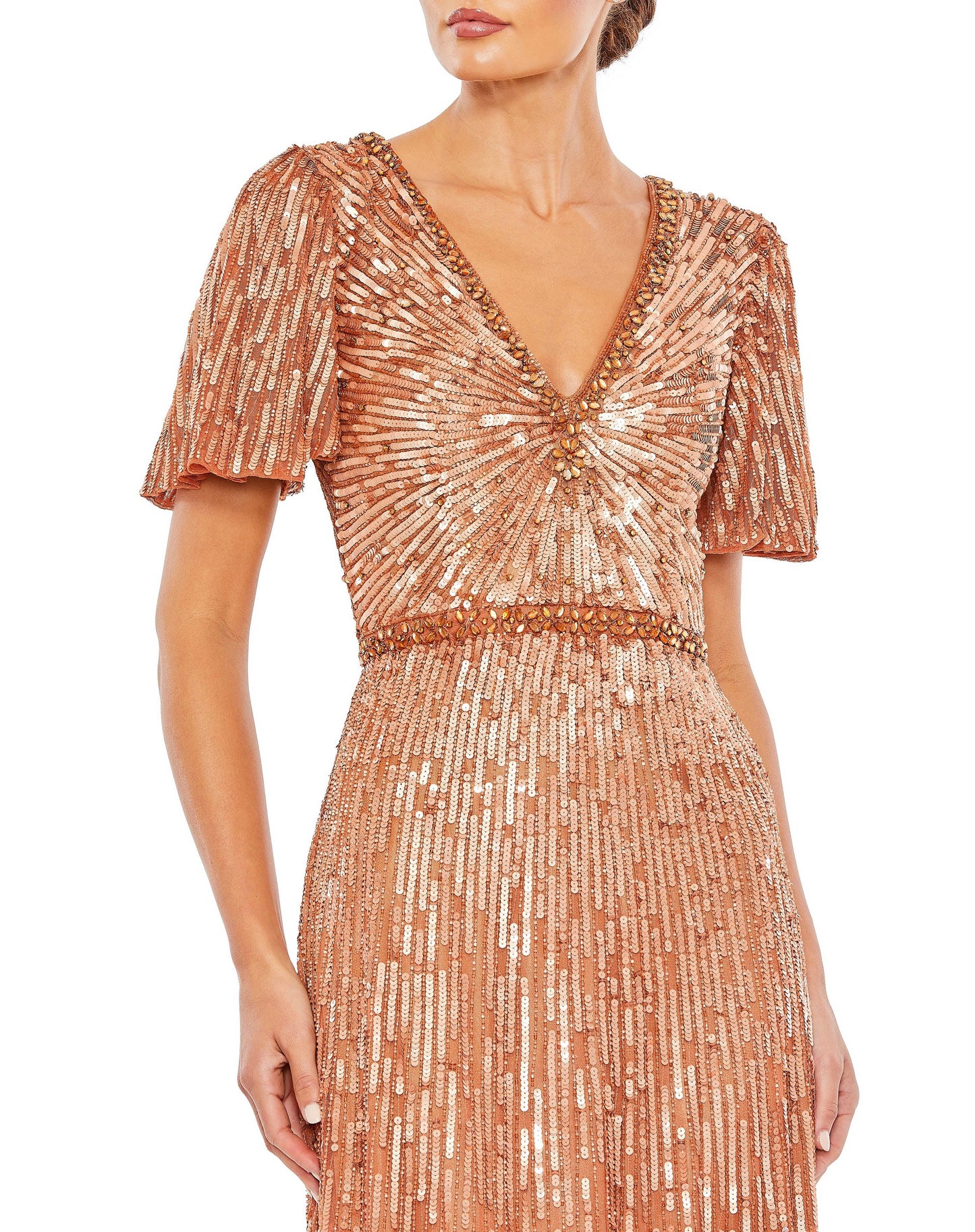 Formal Dresses Beaded Short Sleeve Formal Long Gown Copper