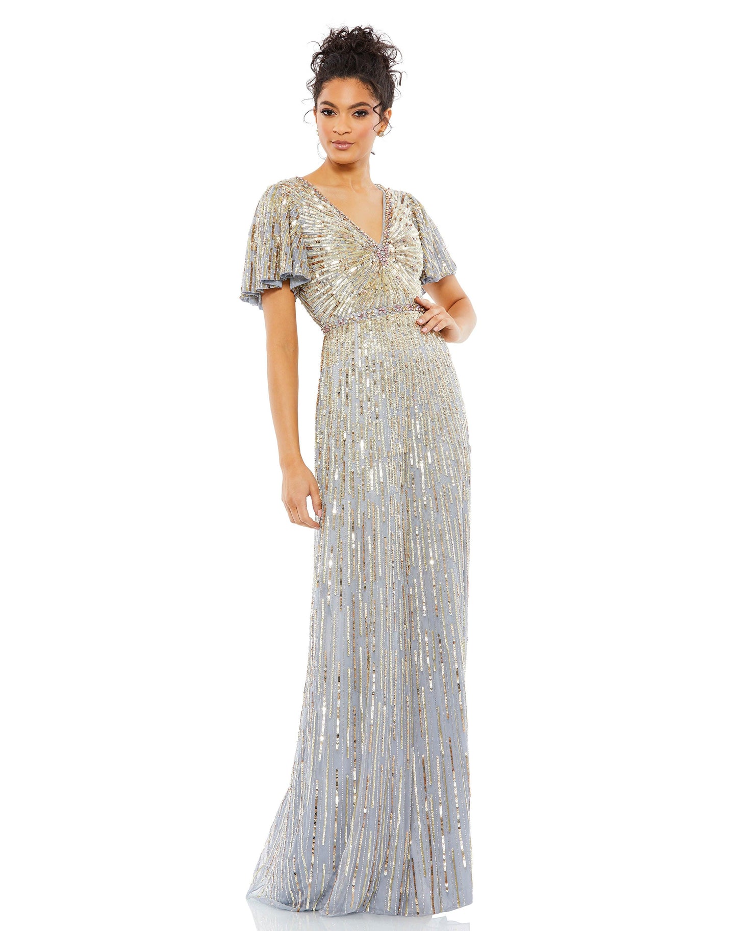 Formal Dresses Beaded Short Sleeve Formal Long Gown Platinum