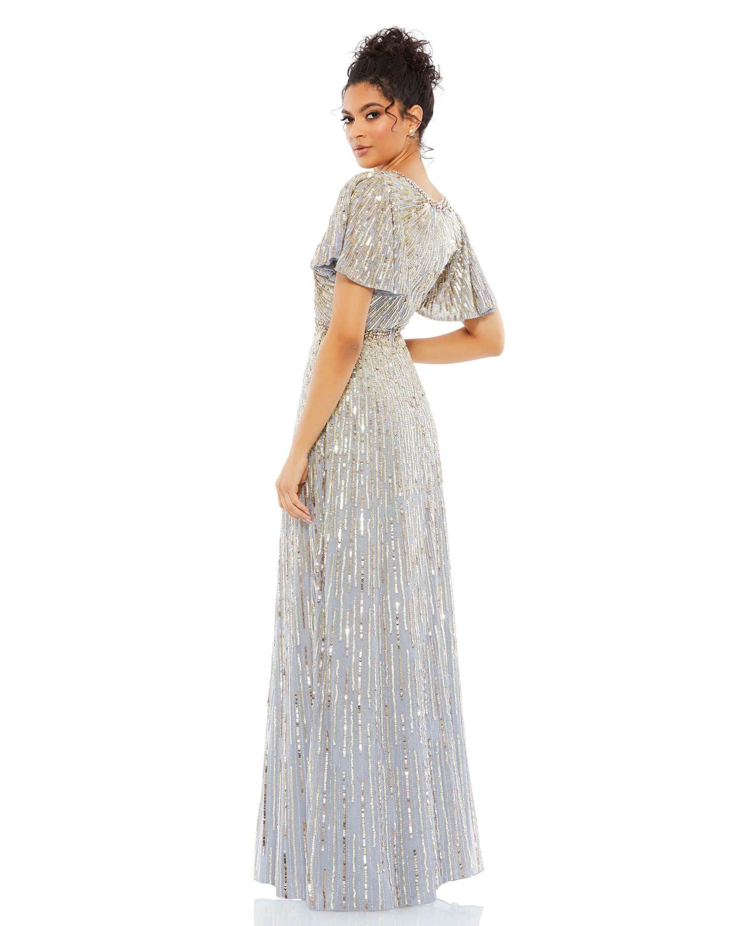 Formal Dresses Beaded Short Sleeve Formal Long Gown Platinum