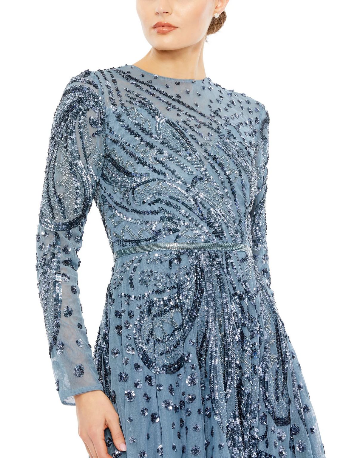 Cocktail Dresses Embellished Illusion High Neck Long Sleeve Midi Dress Slate Blue