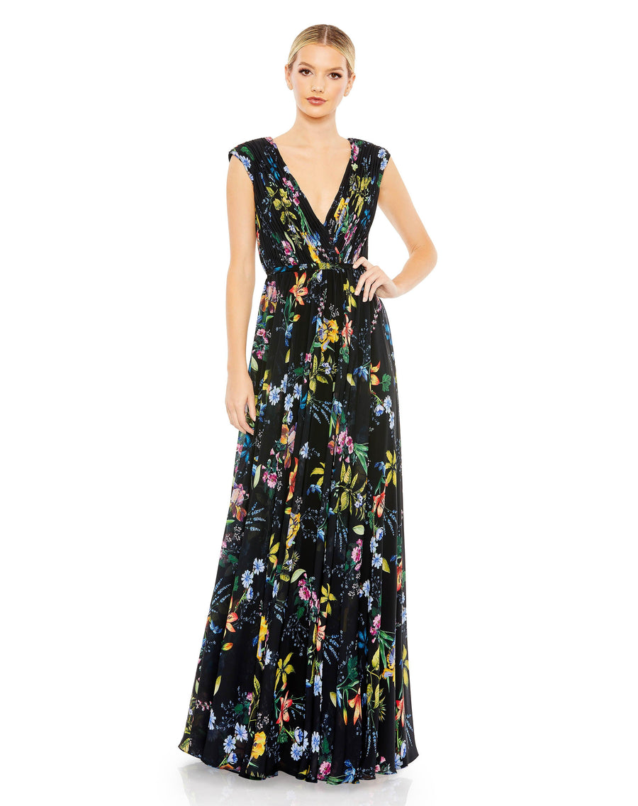 Formal Dresses Long Sleeveless Floral Print Formal Dress Black Multi