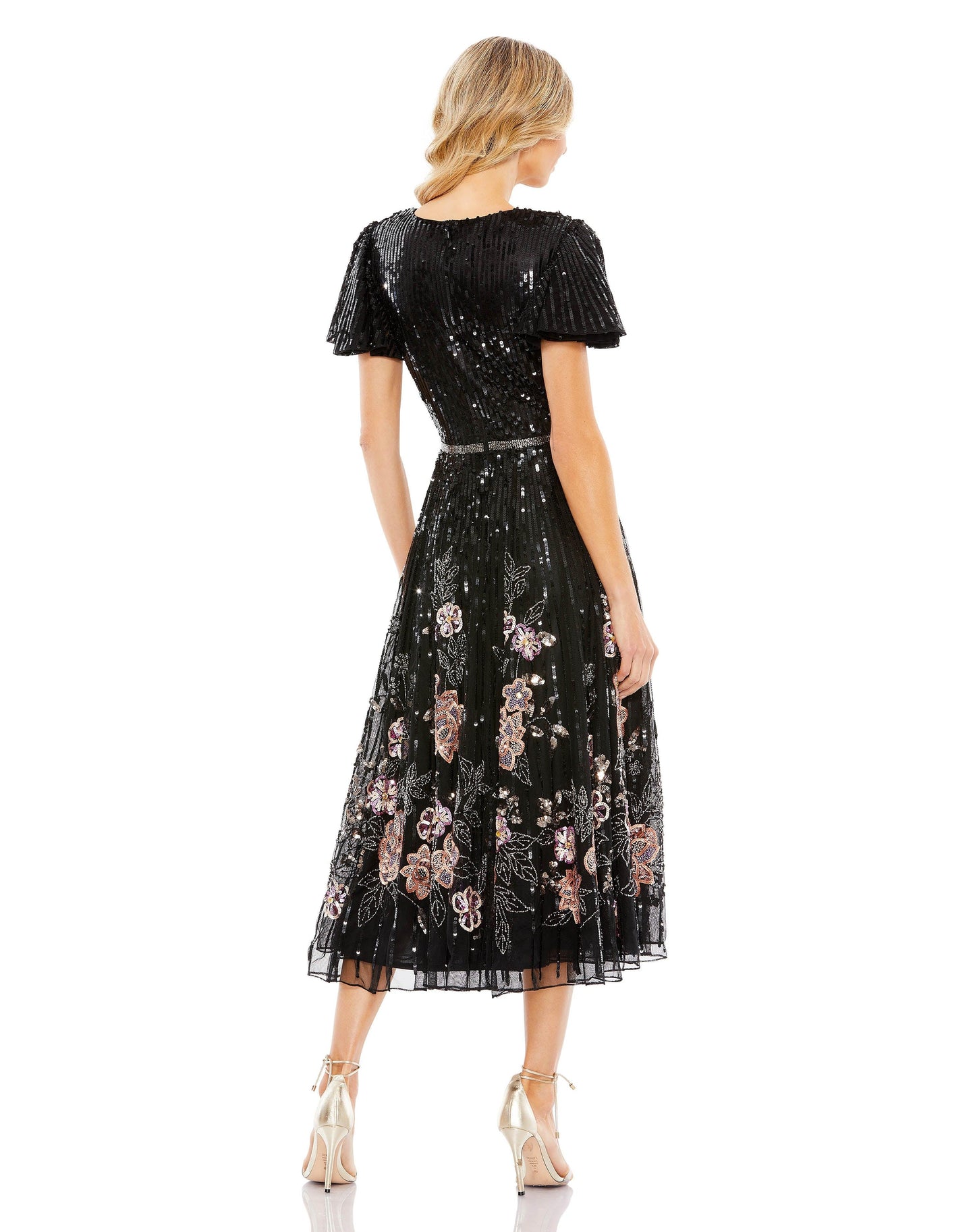 Formal Dresses Short Sleeve Floral Tea Length Dress Black Multi