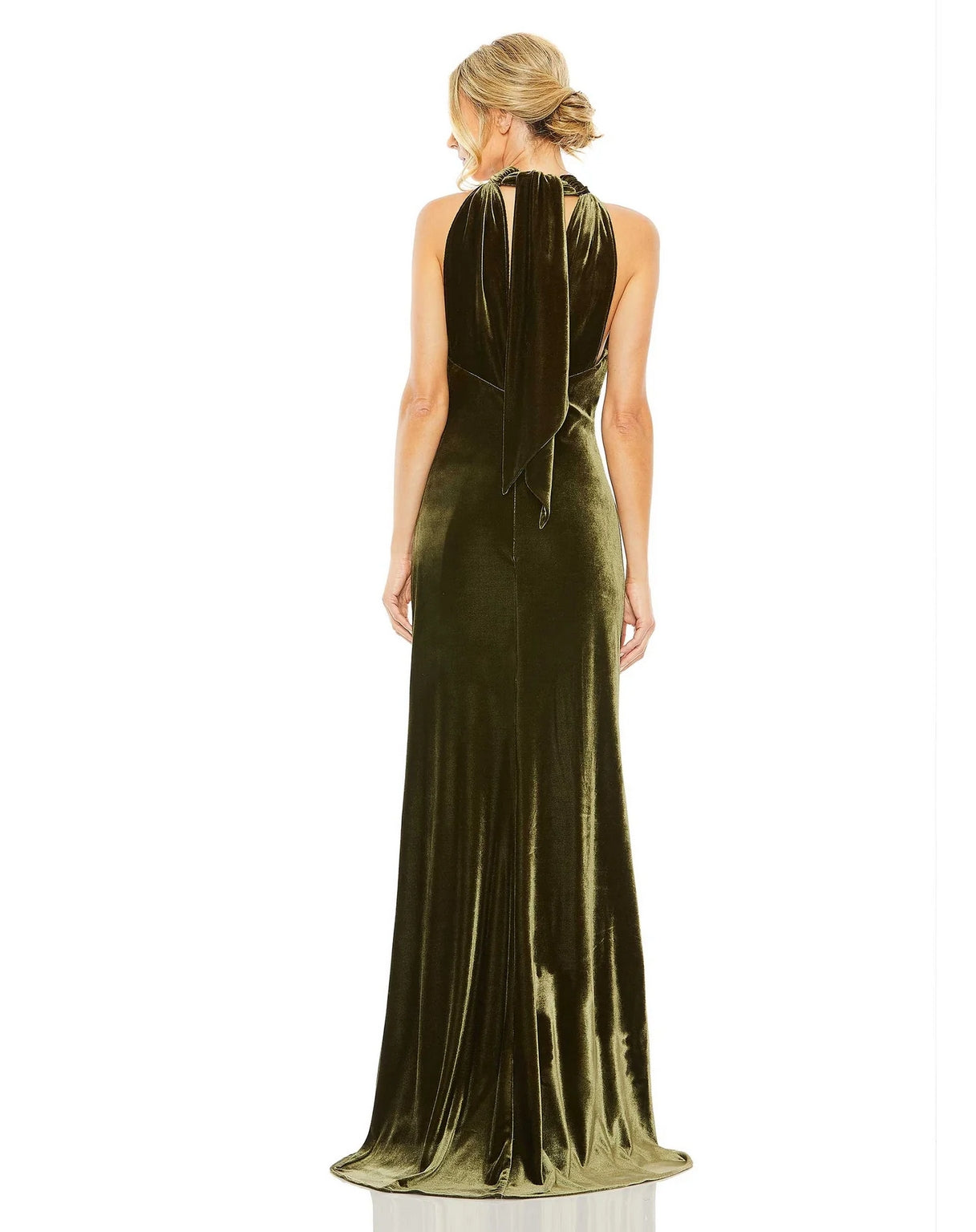 Formal Dresses Long Halter Tie Front Slit Velvet Column Dress Olive