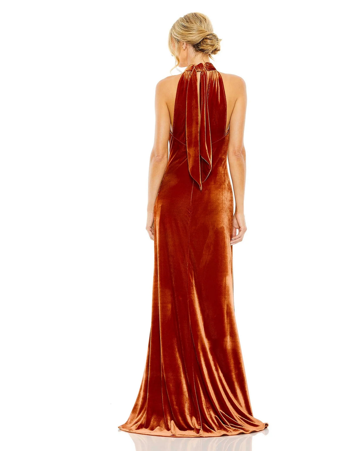 Formal Dresses Long Halter Tie Front Slit Velvet Column Dress Spice