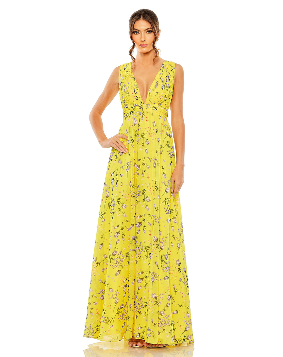 Formal Dresses Long Sleeveless Formal Floral Chiffon Dress Yellow Multi