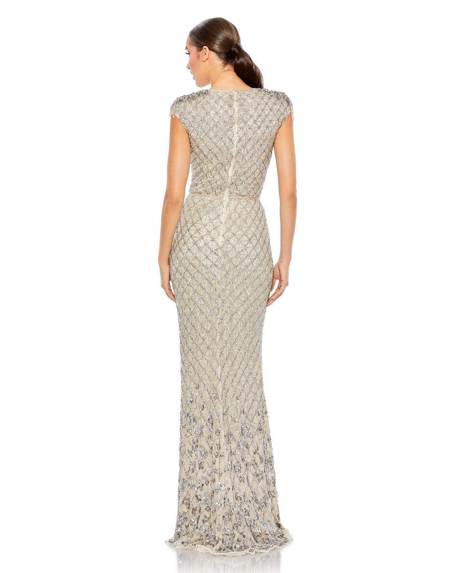 Formal Dresses Long Embellished Crystal Cap Sleeve Column Dress Silver Nude