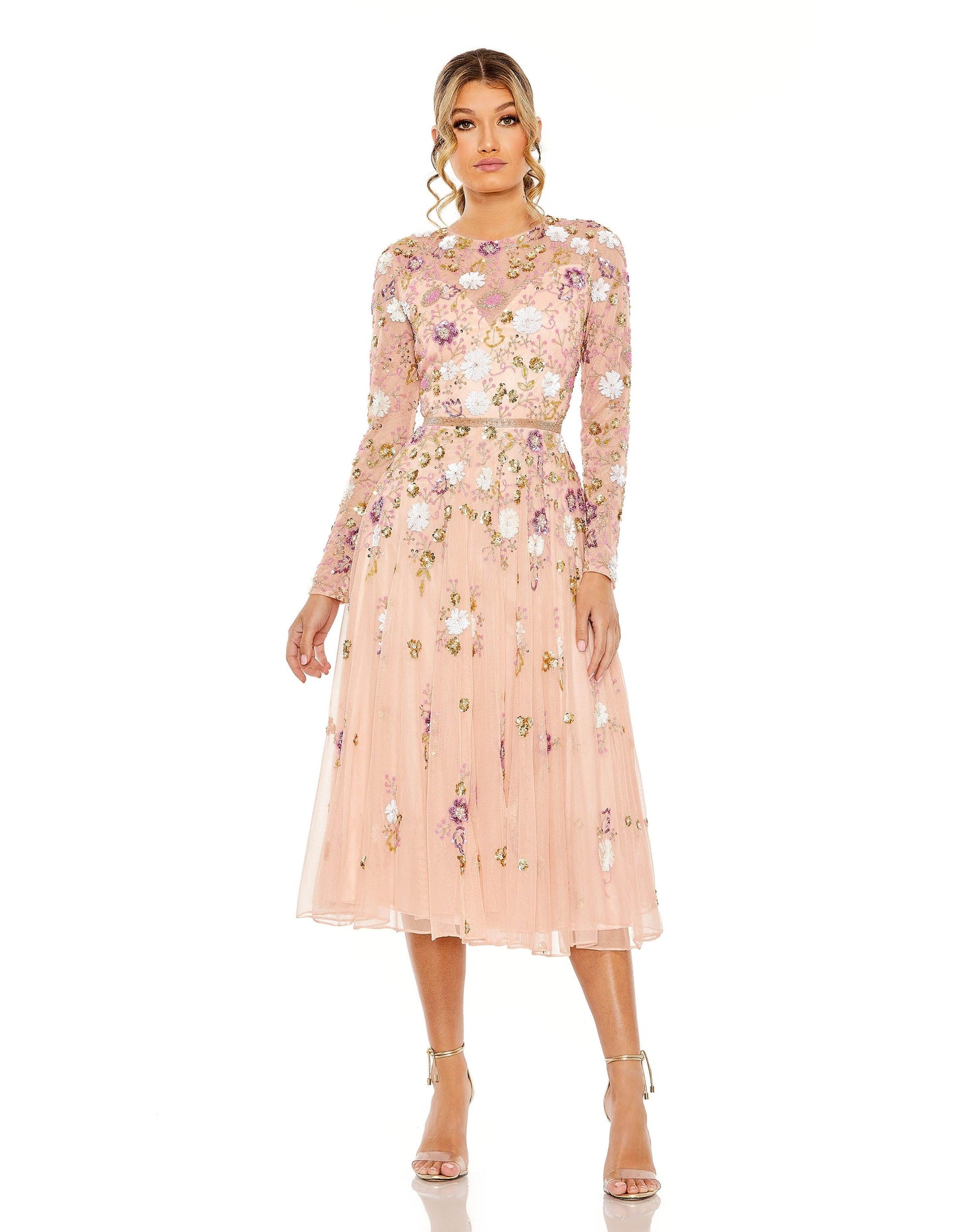 Cocktail Dresses Tea Length Long Sleeve Formal Dress Blush