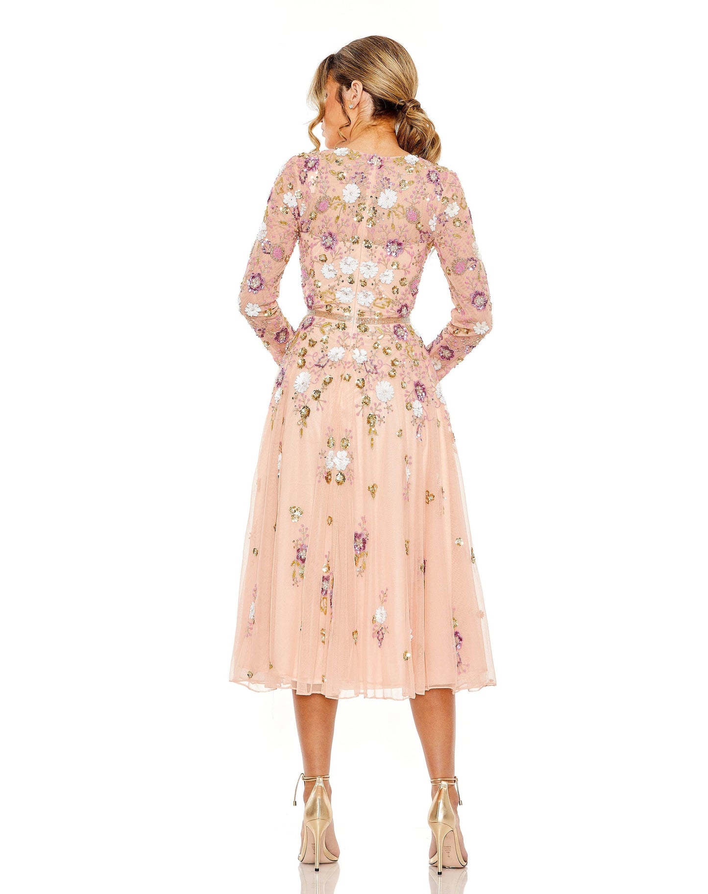 Cocktail Dresses Tea Length Long Sleeve Formal Dress Blush