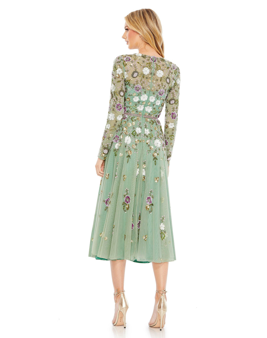 Cocktail Dresses Tea Length Long Sleeve Formal Dress Sage Multi