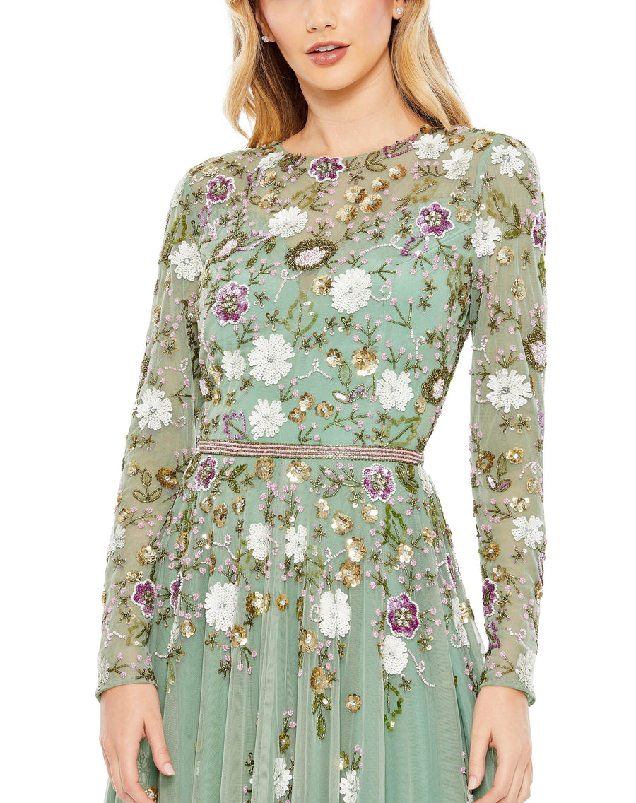 Cocktail Dresses Tea Length Long Sleeve Formal Dress Sage Multi