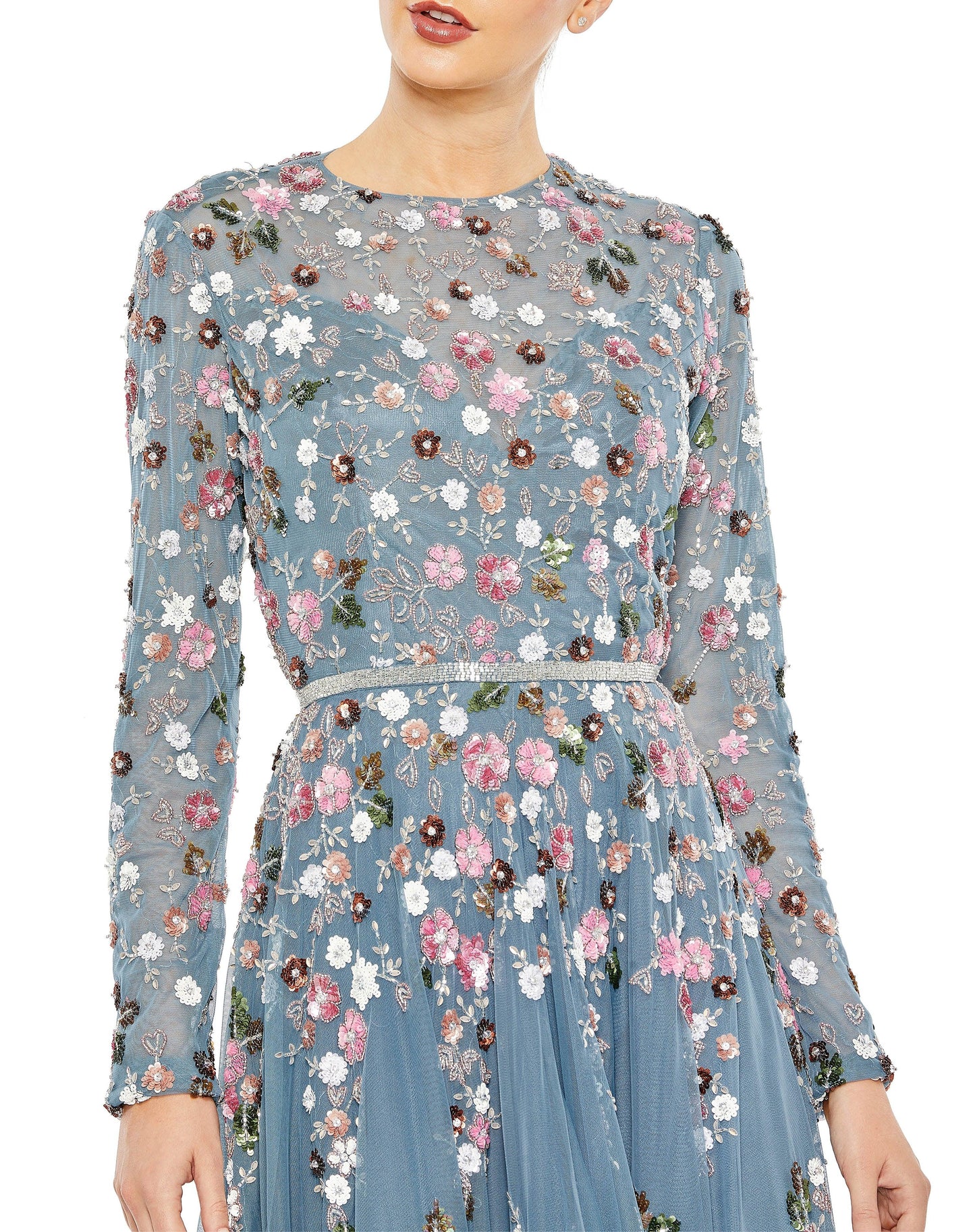 Formal Dresses Long Sleeve Floral Formal Dress Slate Blue Multi