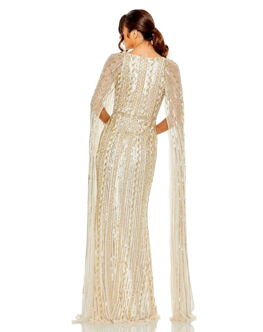 Formal Dresses Long Sequined V Neck Cape Sleeve Dress Nude Silver