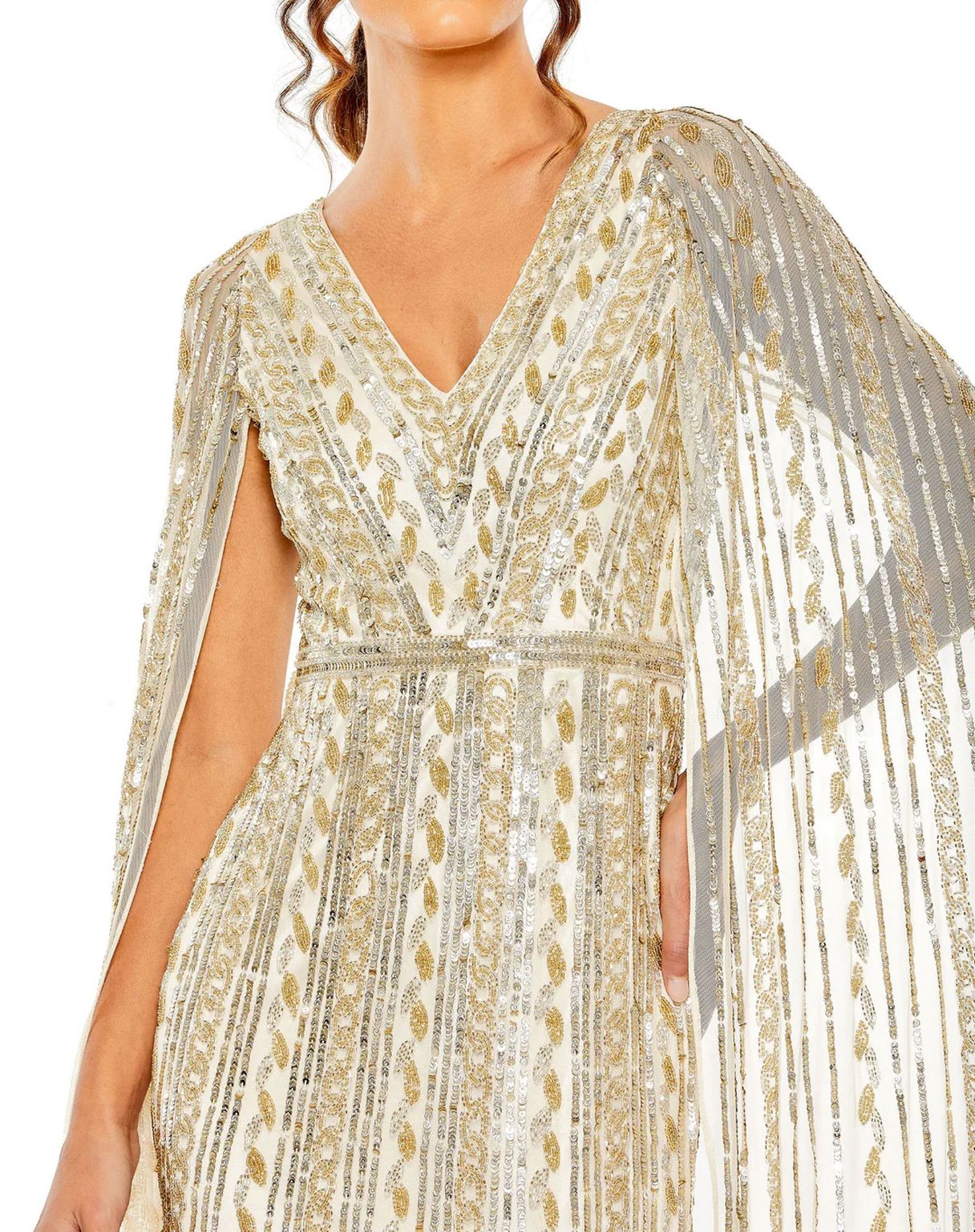 Formal Dresses Long Sequined V Neck Cape Sleeve Dress Nude Silver